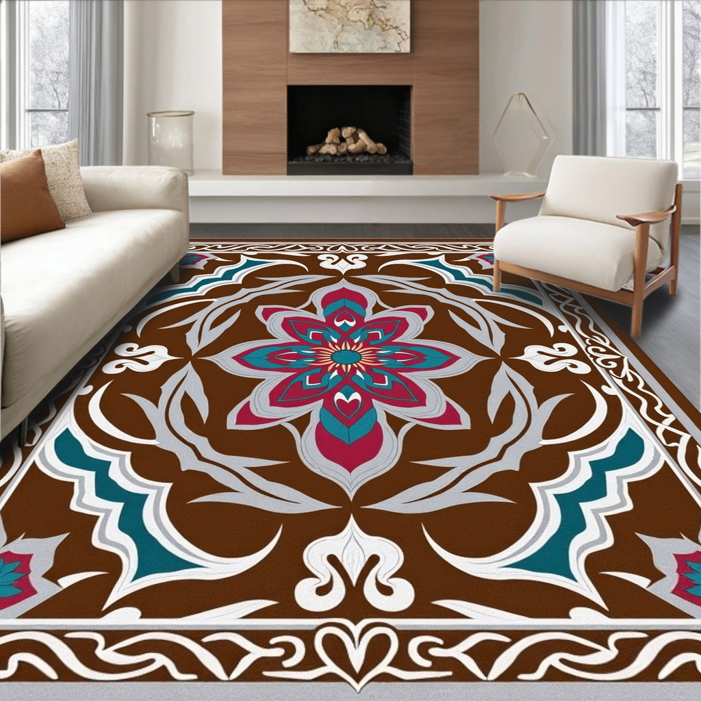 Brown Crimson Teal Floral Medallion Frame Rug