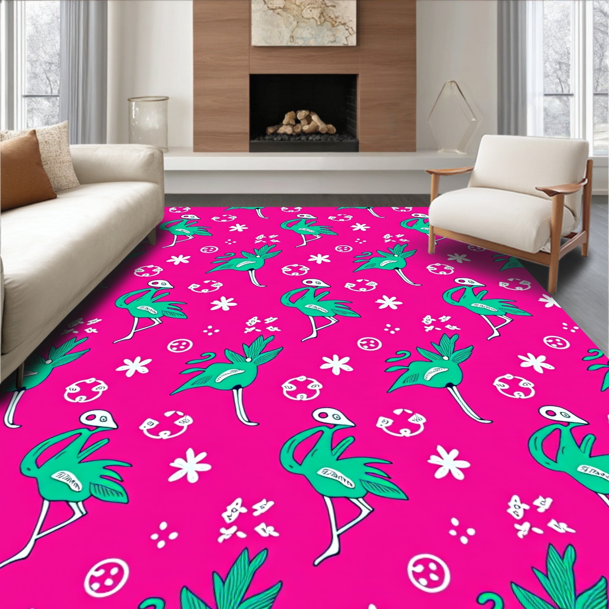 Whimsical Teal Flamingo Pink Field Rug