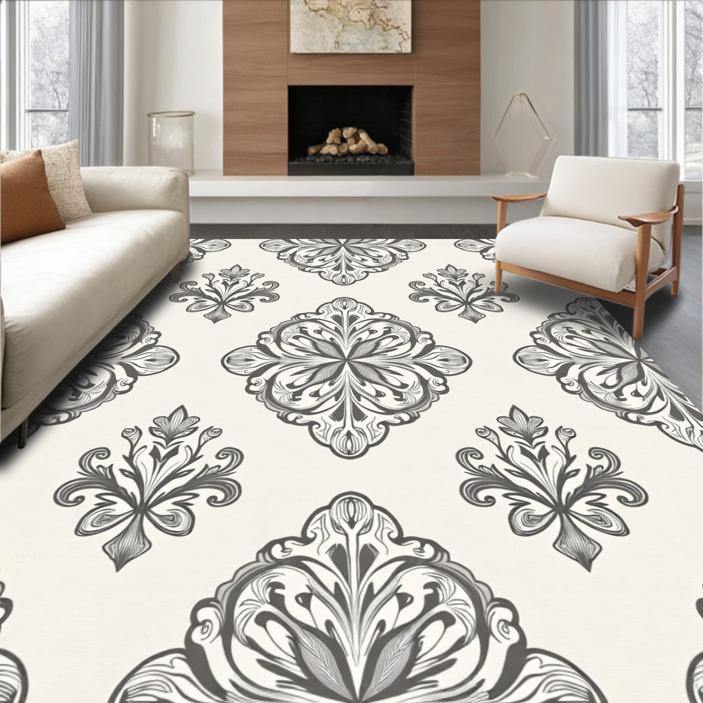 Ornate Gray Damask Floral Elements Rug
