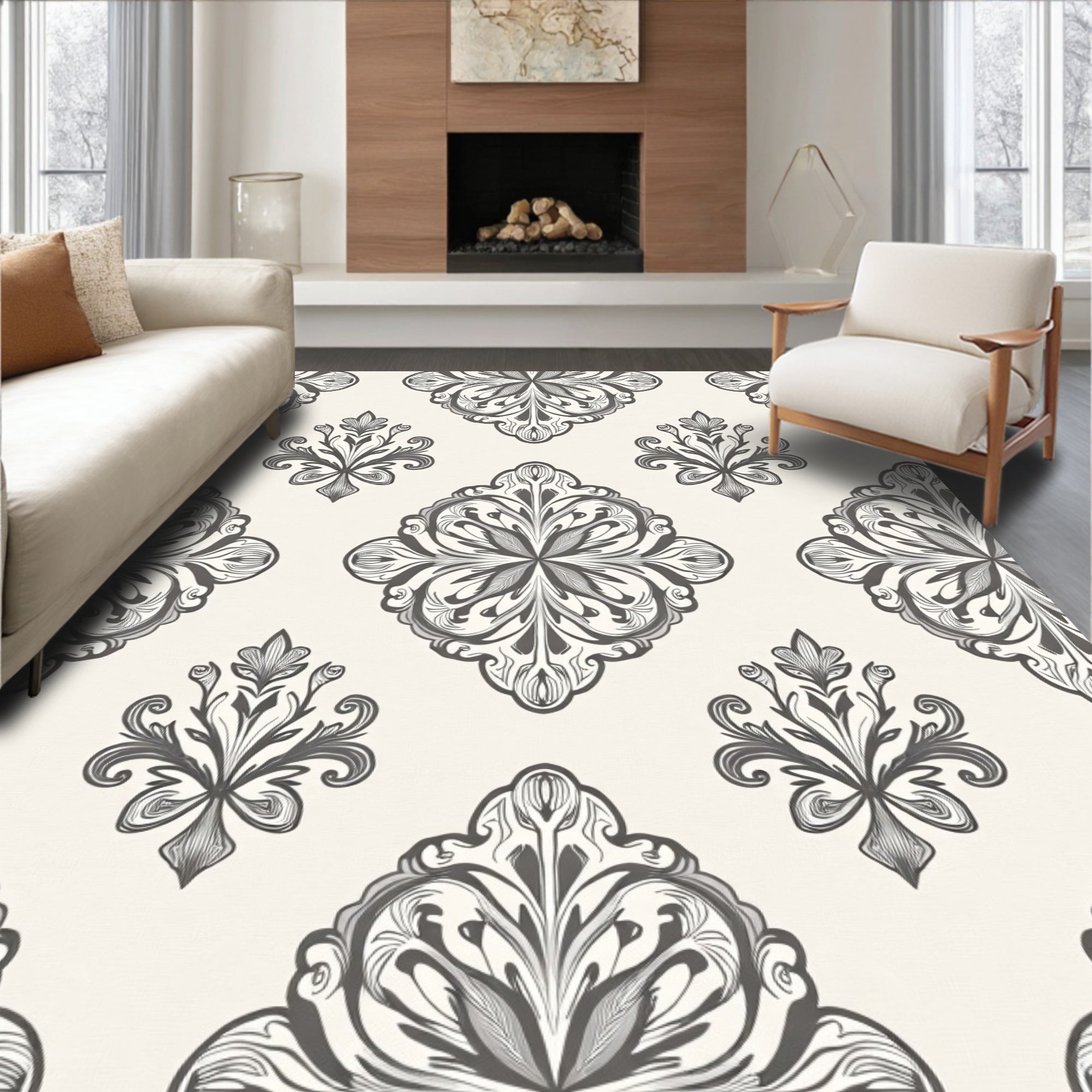 Ornate Gray Damask Floral Elements Rug