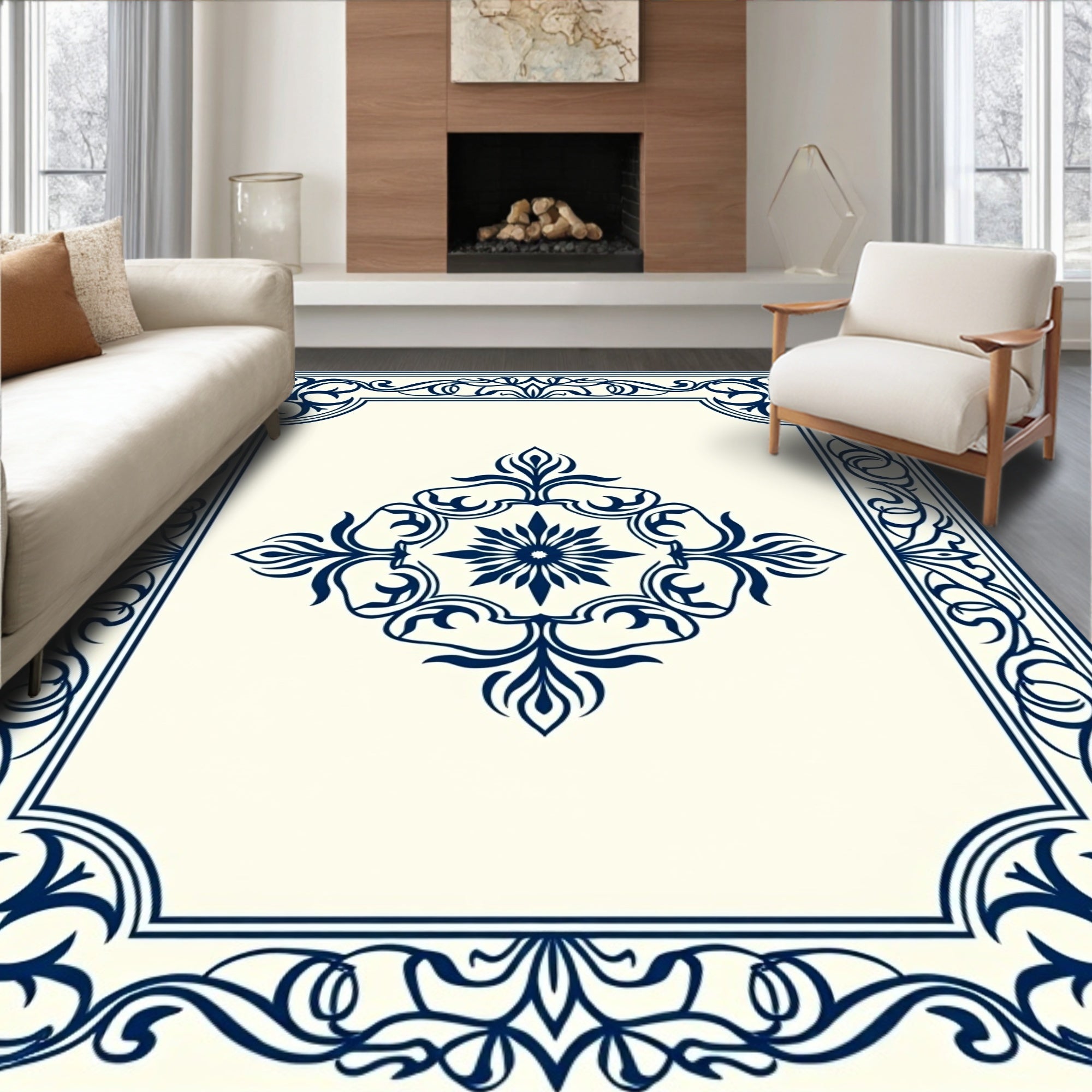 Deep Navy Floral Ornament Border Rug