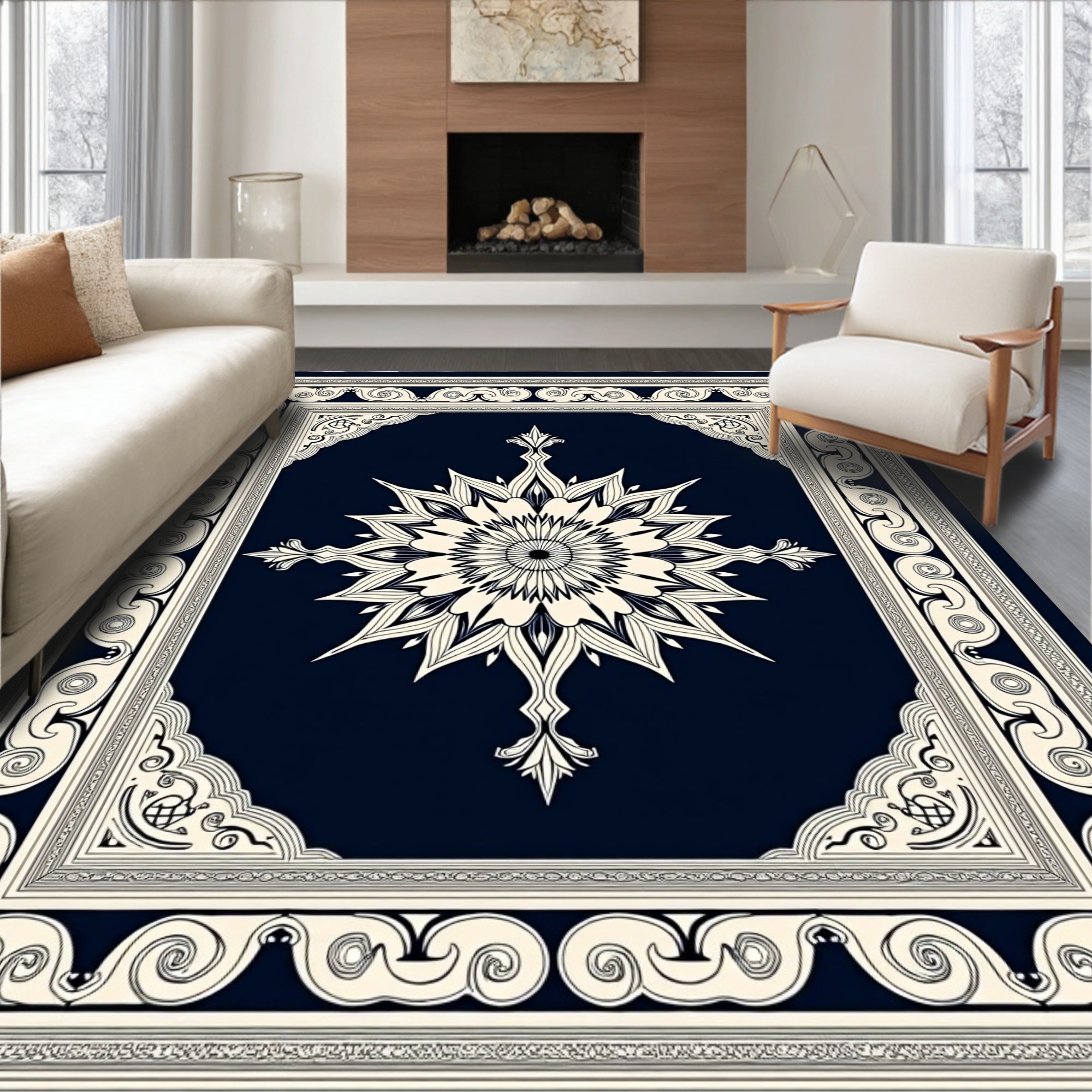 Navy Cream Intricate Floral Medallion Rug