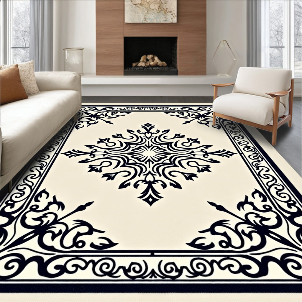 Black Ivory Ornate Medallion Frame Rug