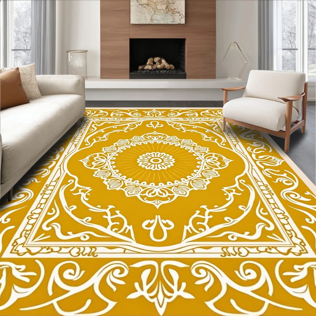 Golden Ochre Floral Medallion Border Rug
