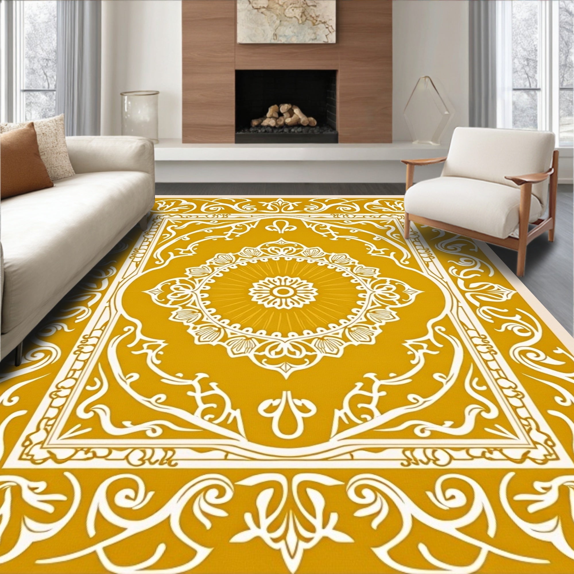 Golden Ochre Floral Medallion Border Rug