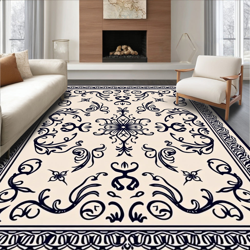 Ornate Ivory Dark Blue Botanical Scroll Rug
