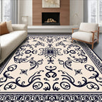 Ornate Ivory Dark Blue Botanical Scroll Rug