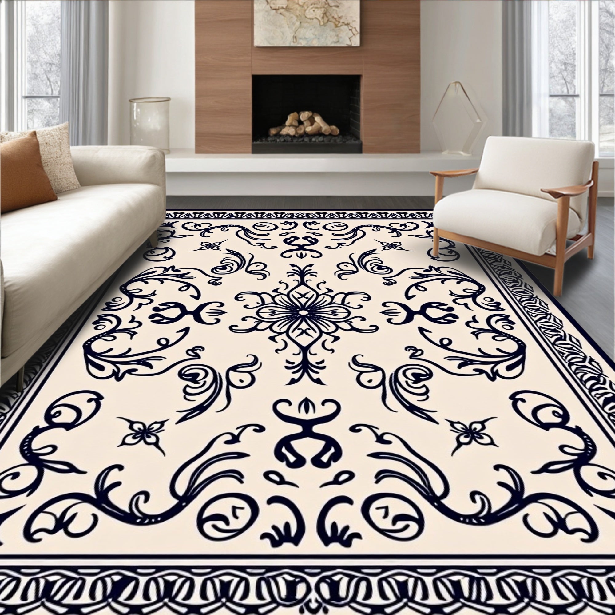 Ornate Ivory Dark Blue Botanical Scroll Rug