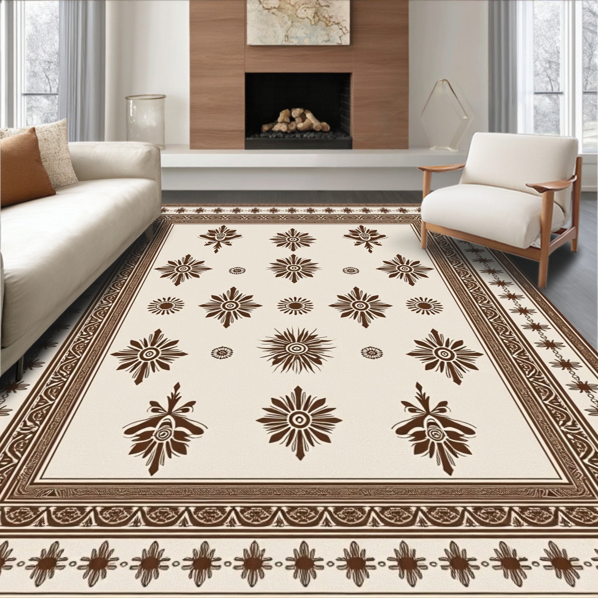 Brown Medallion Frame With Floral Accents Rug