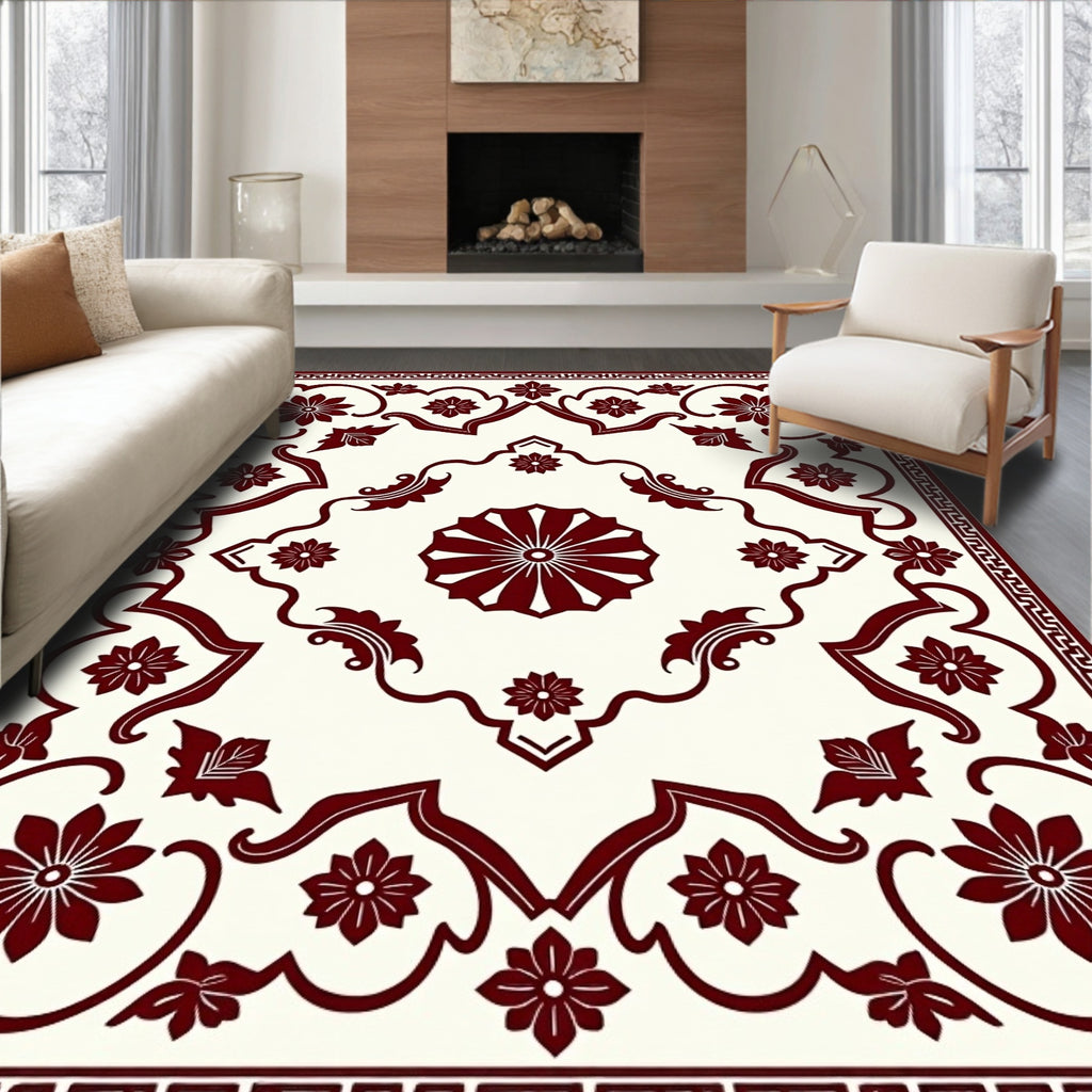 Deep Red Floral Symmetry Arrangement Rug