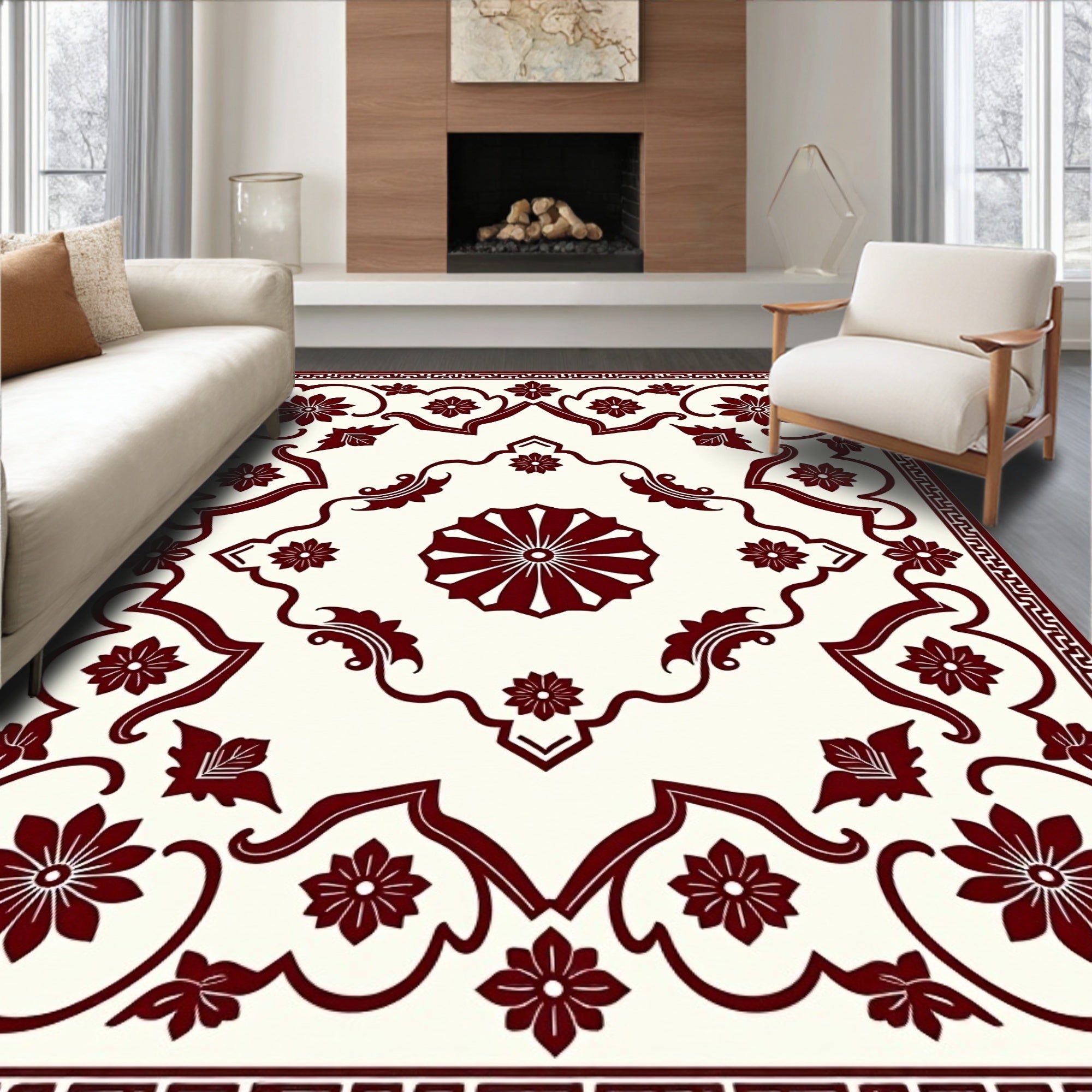 Deep Red Floral Symmetry Arrangement Rug