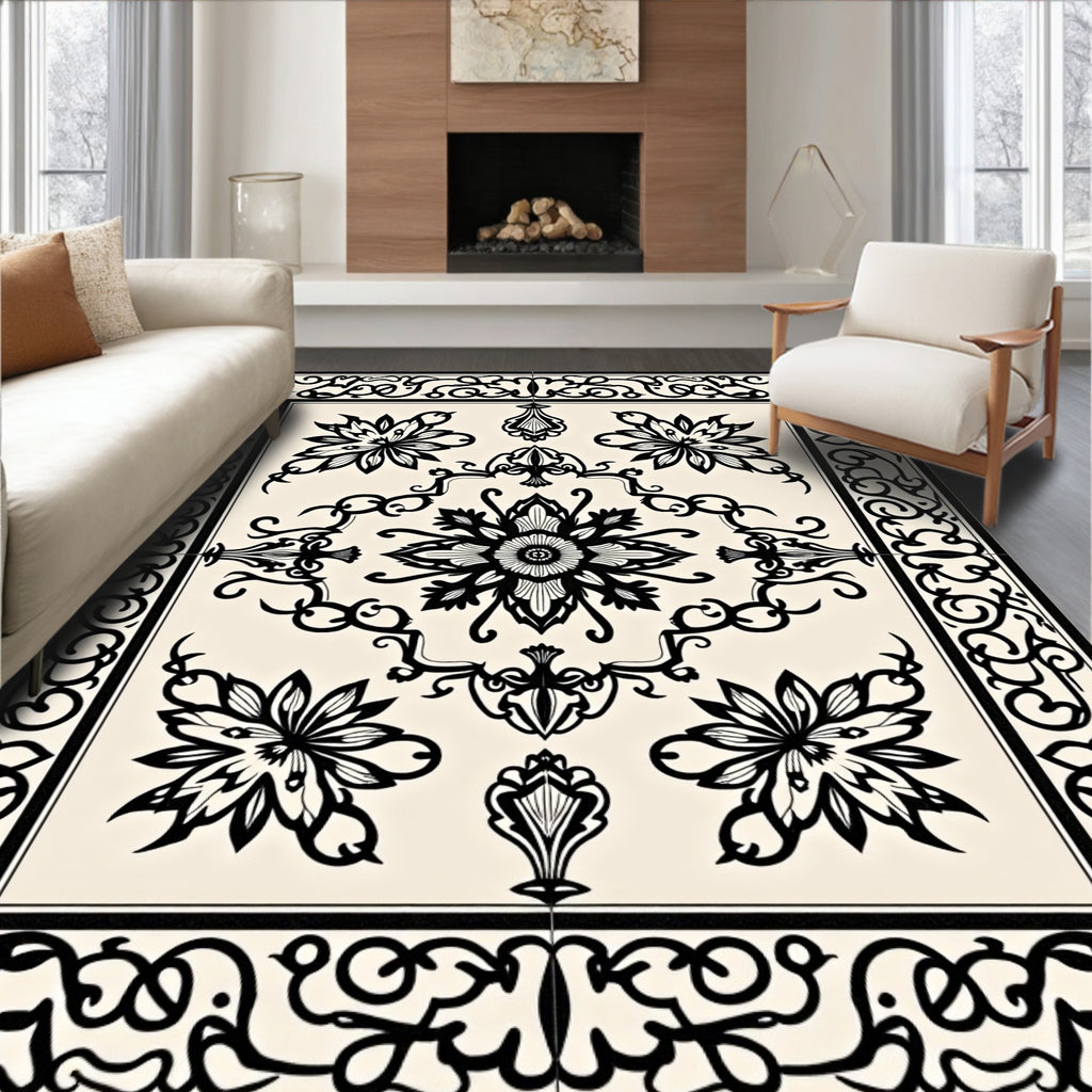 Cream Black Floral Arabesque Rug