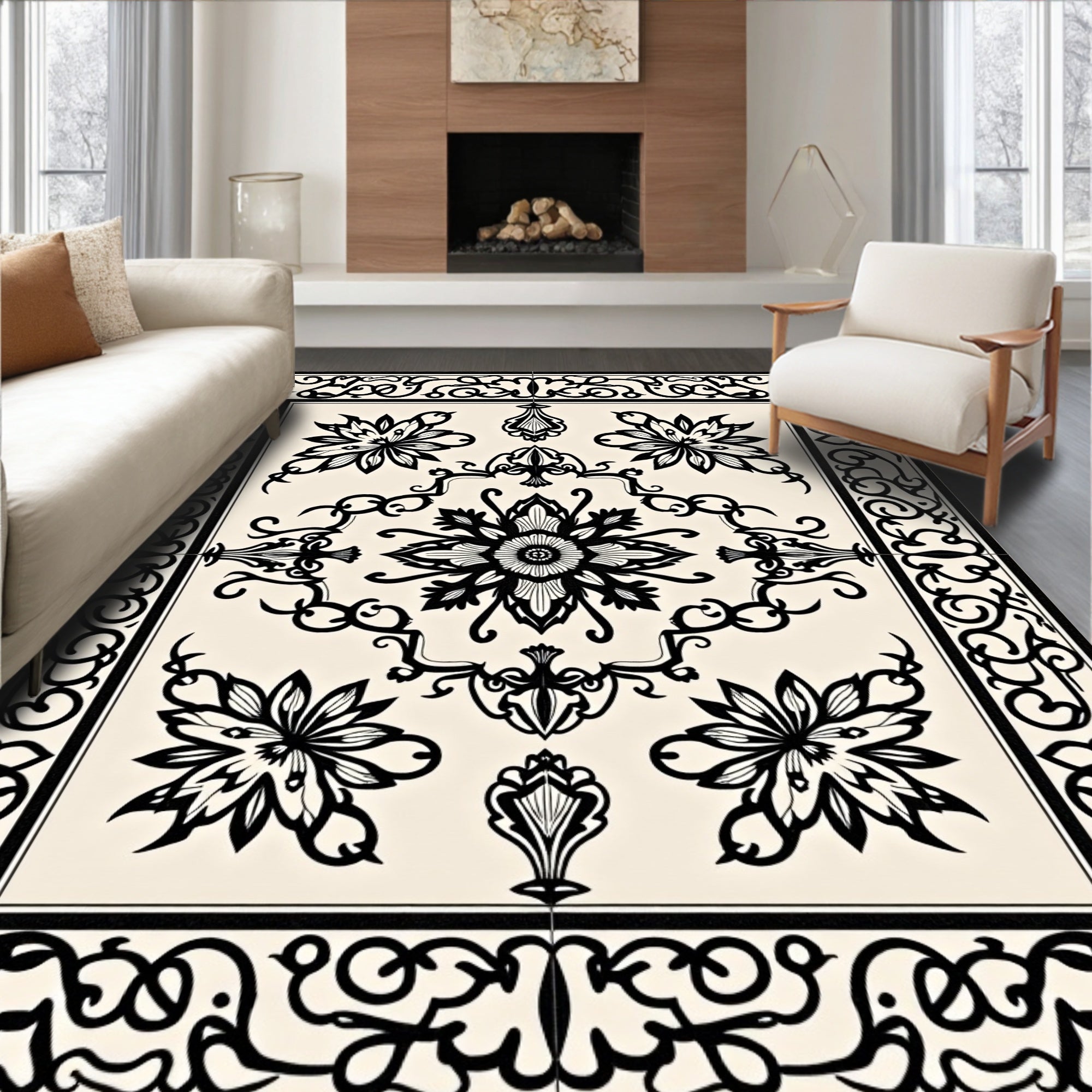 Cream Black Floral Arabesque Rug