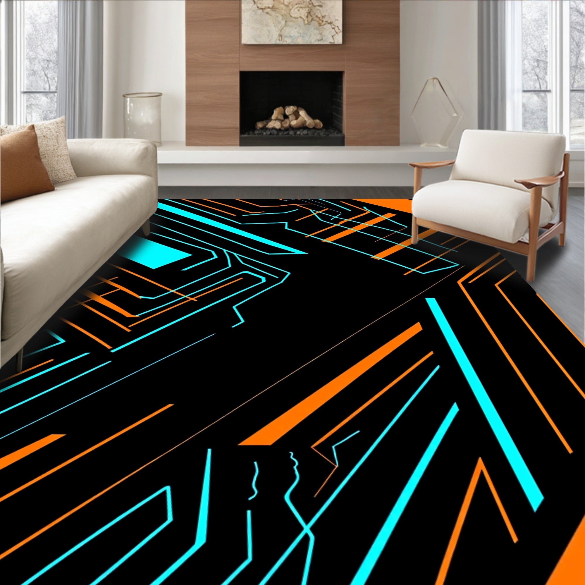 Neon Orange Blue Circuit Grid Rug