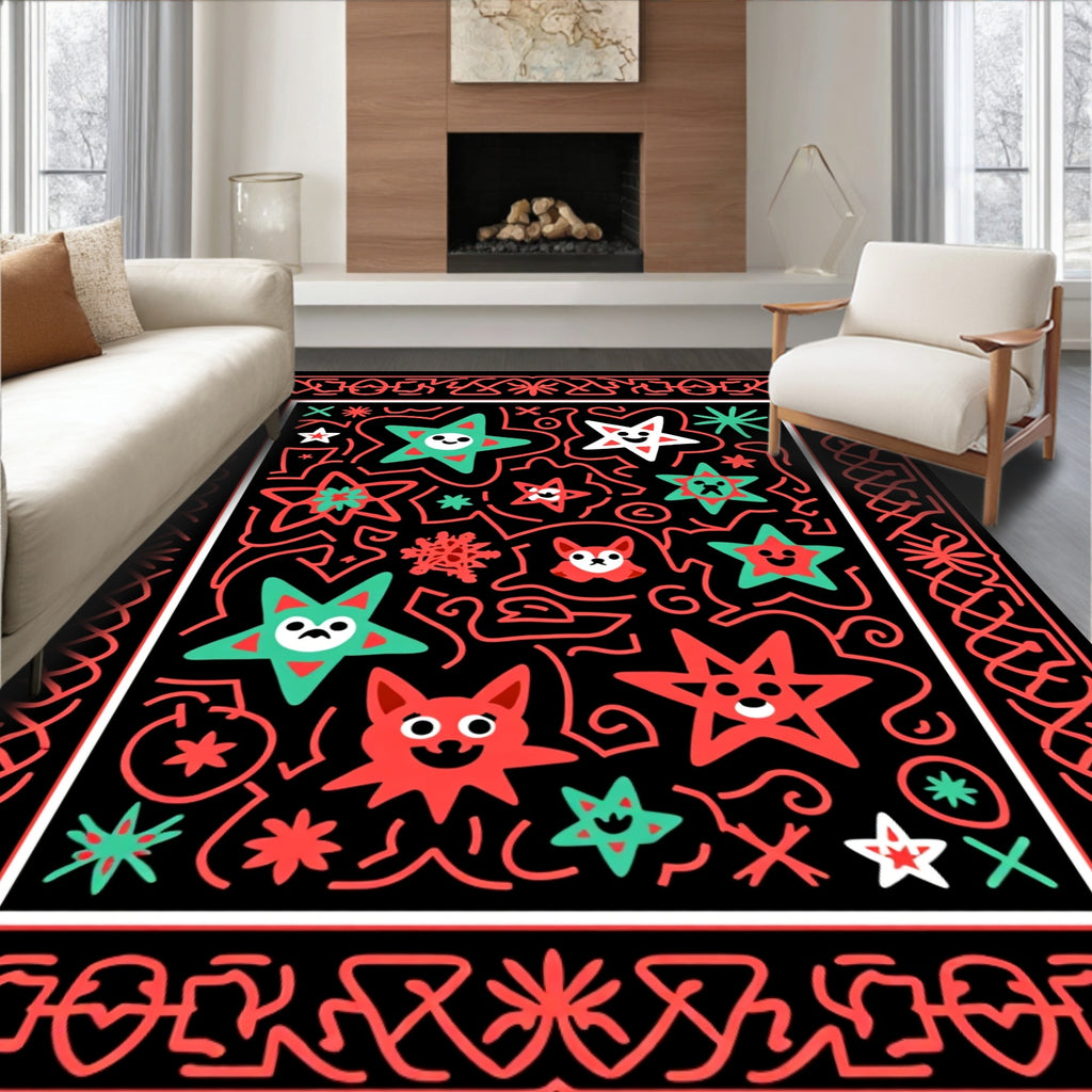 Whimsical Red Green Star Animals Rug