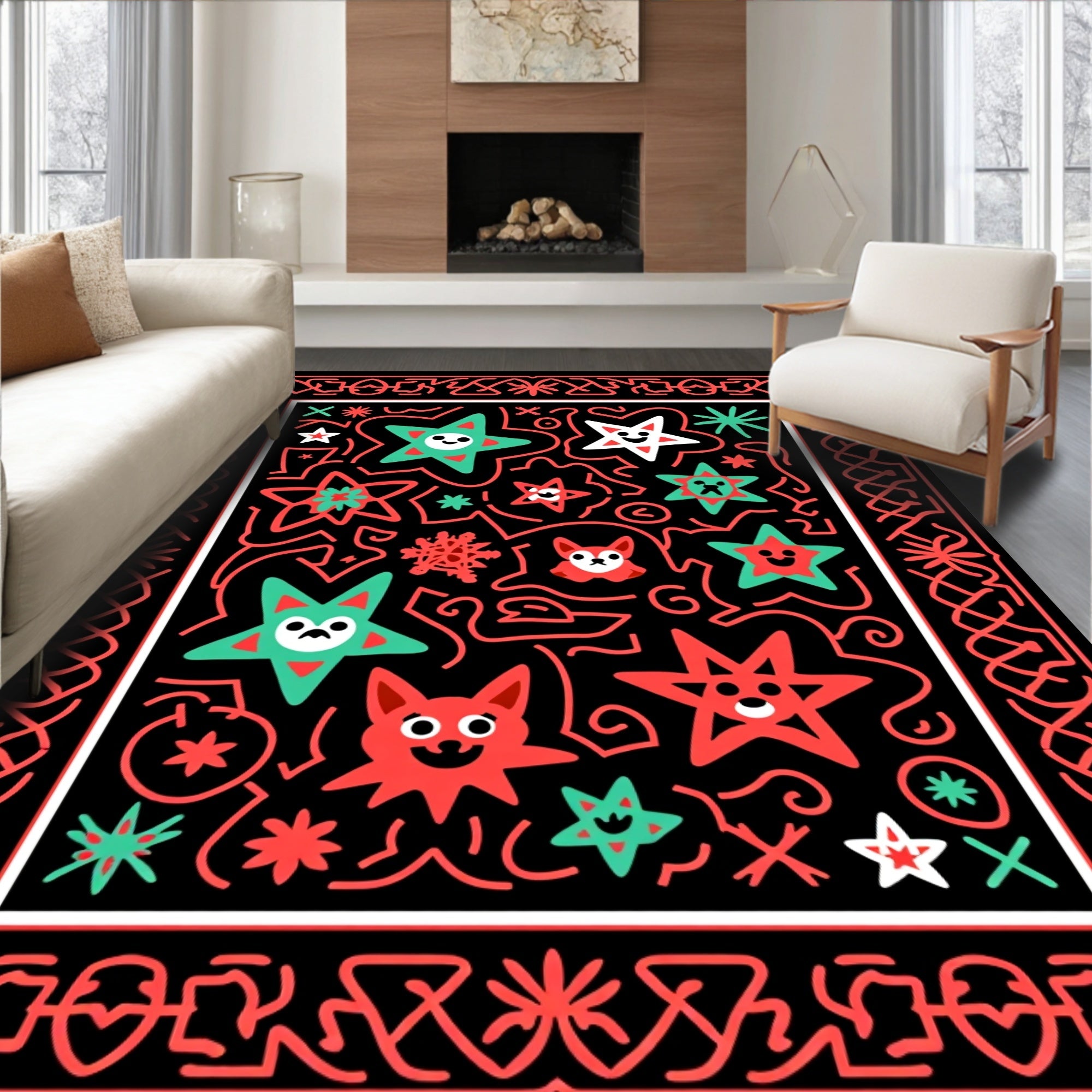 Whimsical Red Green Star Animals Rug