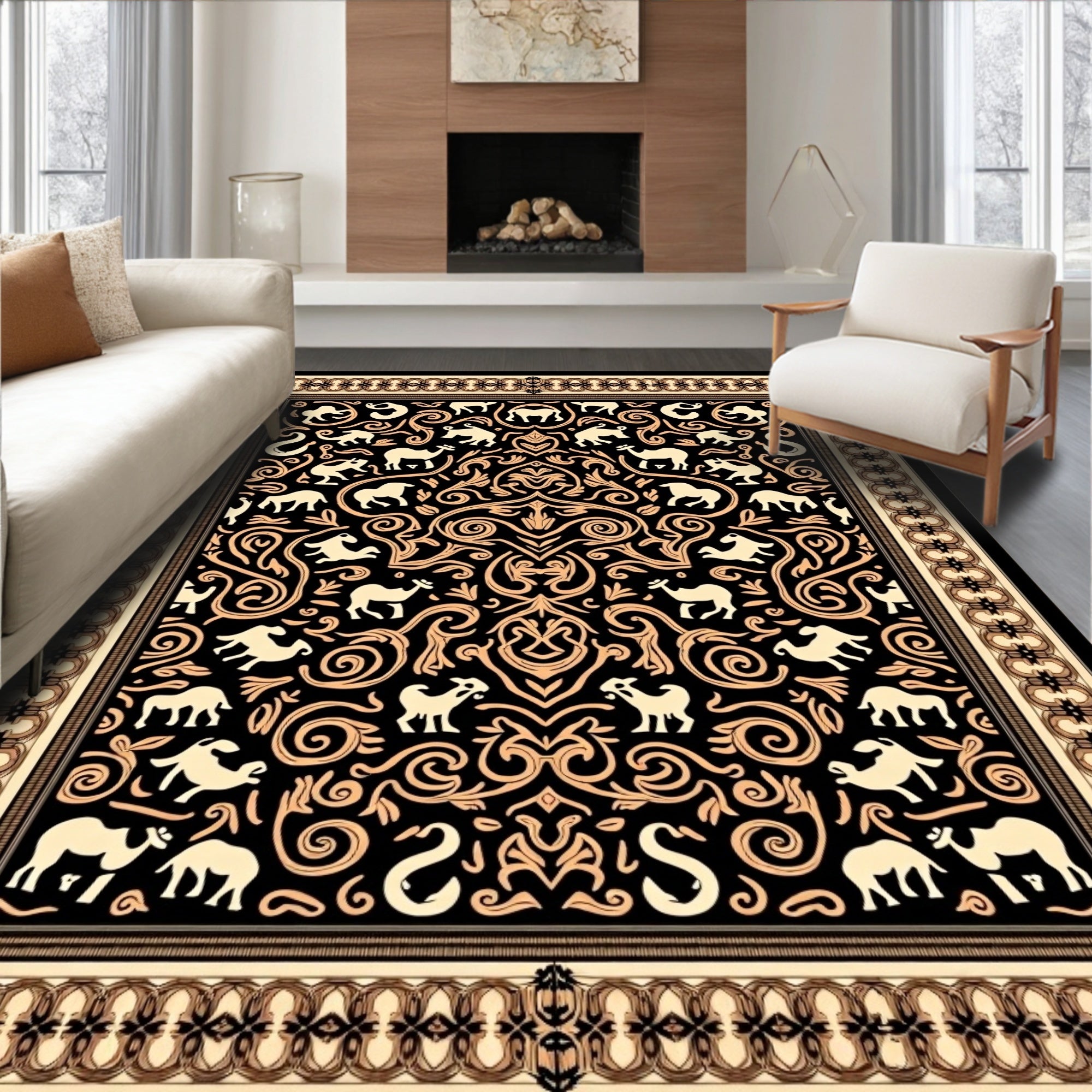 Black Camel Floral Scrollwork Rug