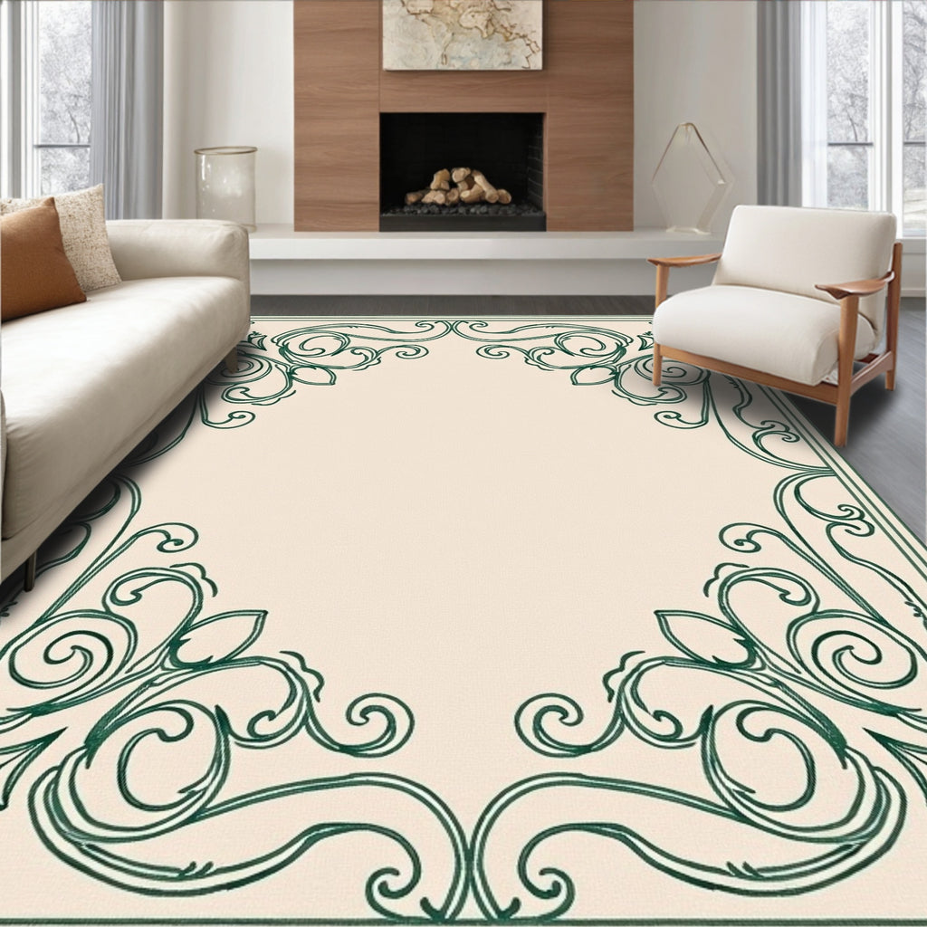 Vintage Green Ornate Scroll Work Rug