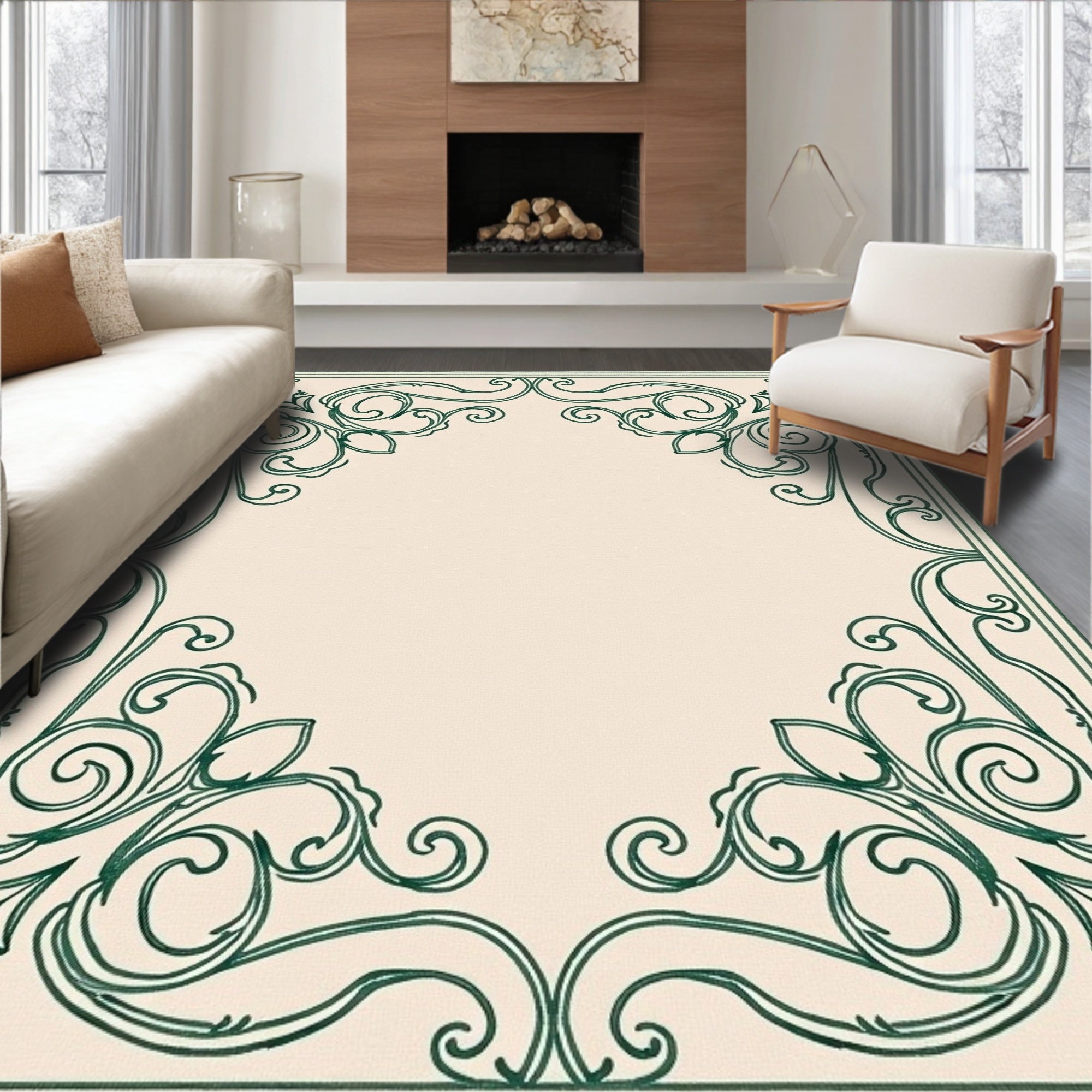 Vintage Green Ornate Scroll Work Rug