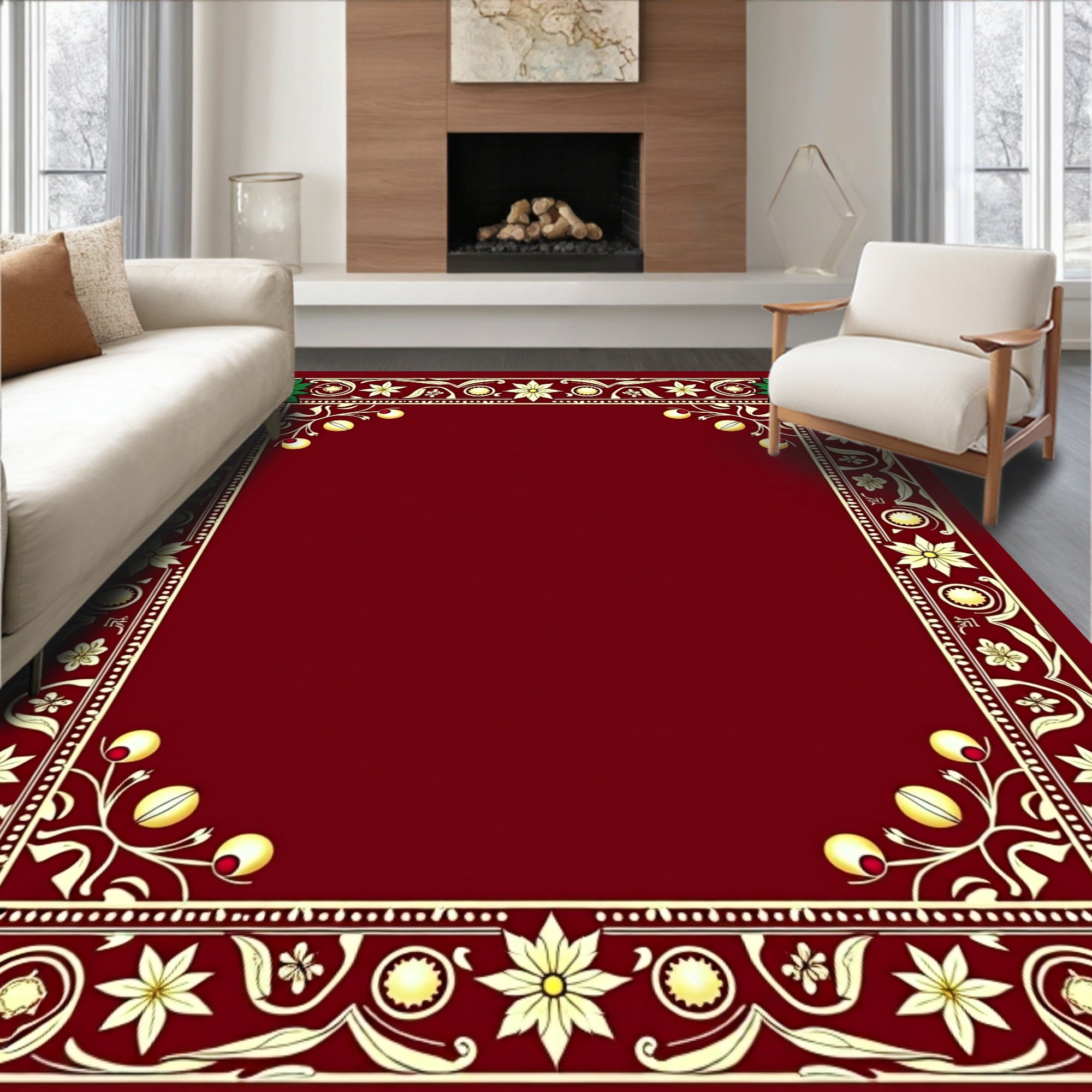 Crimson Holly Floral Border Rug