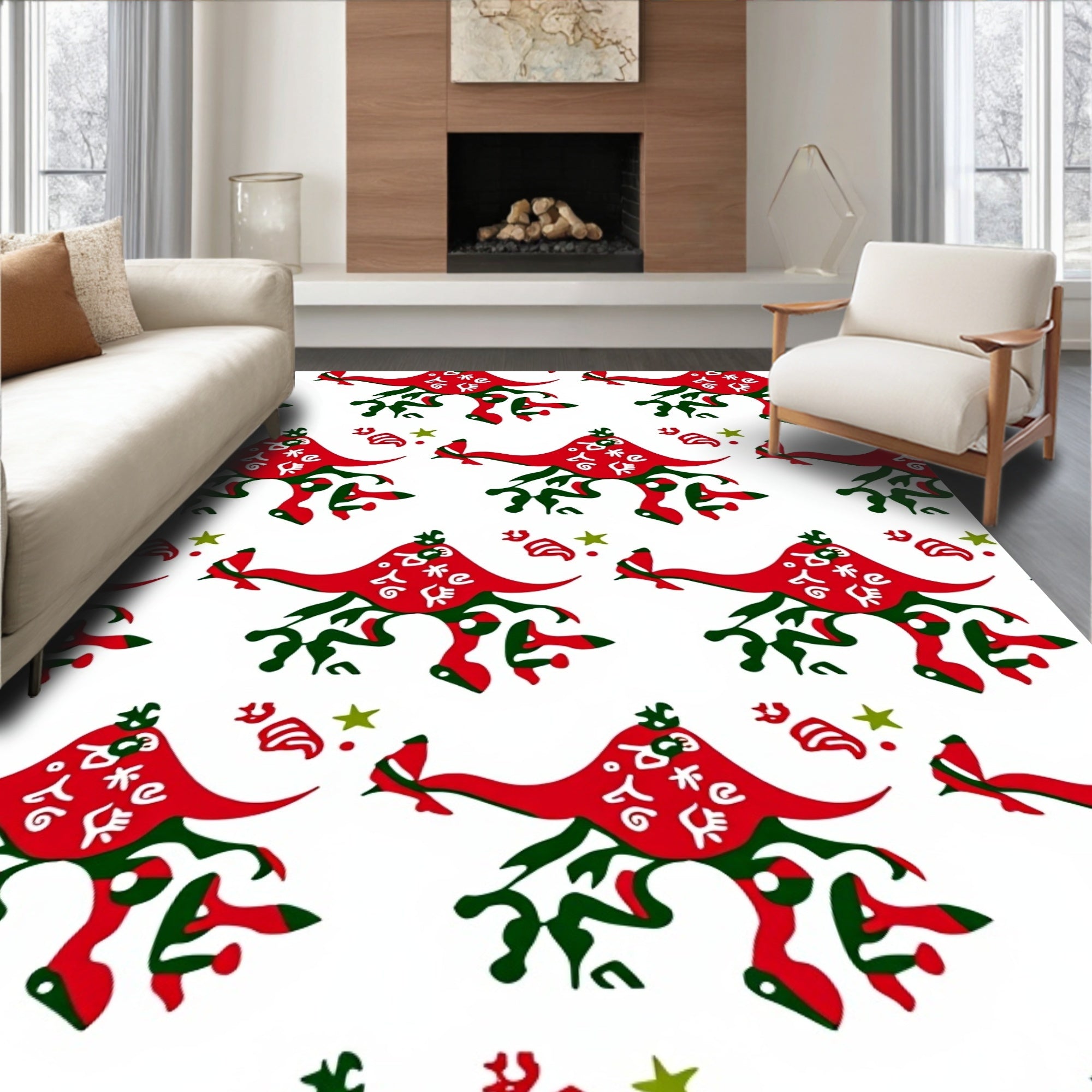 Red Green Abstract Organic Shapes Rug