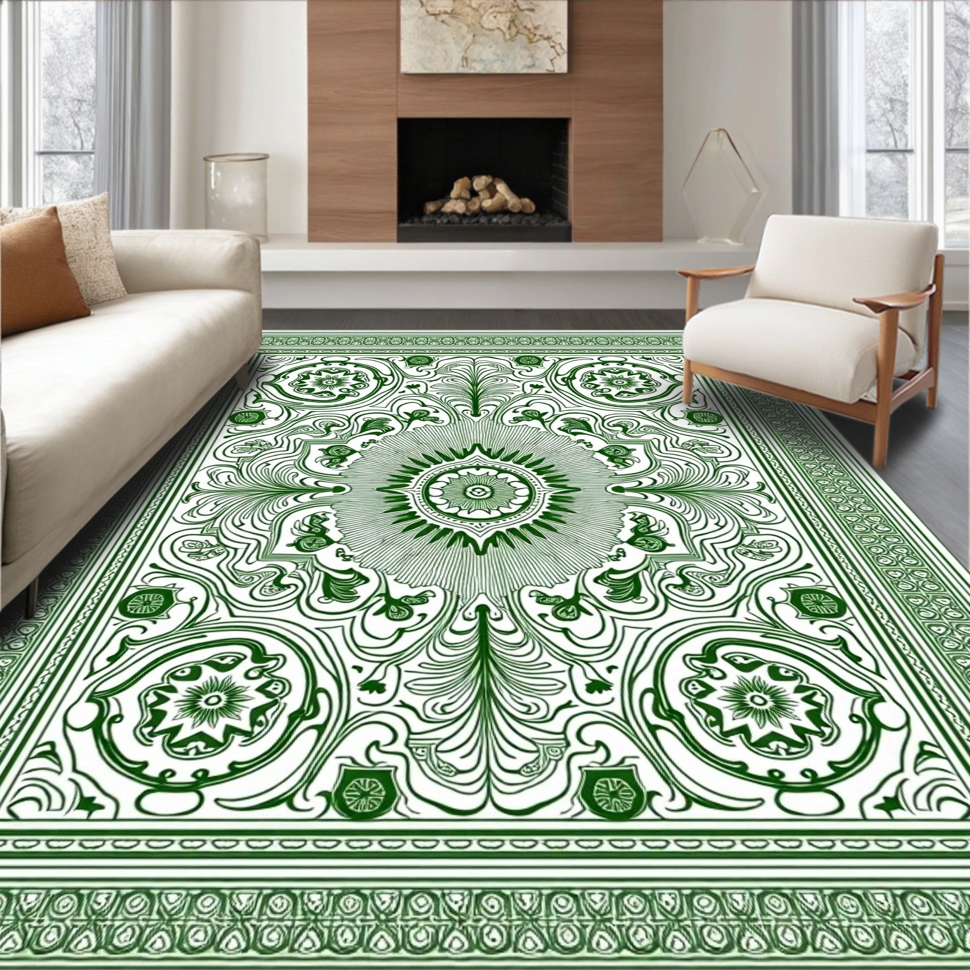 Rich Forest Green Intricate Floral Medallion Rug