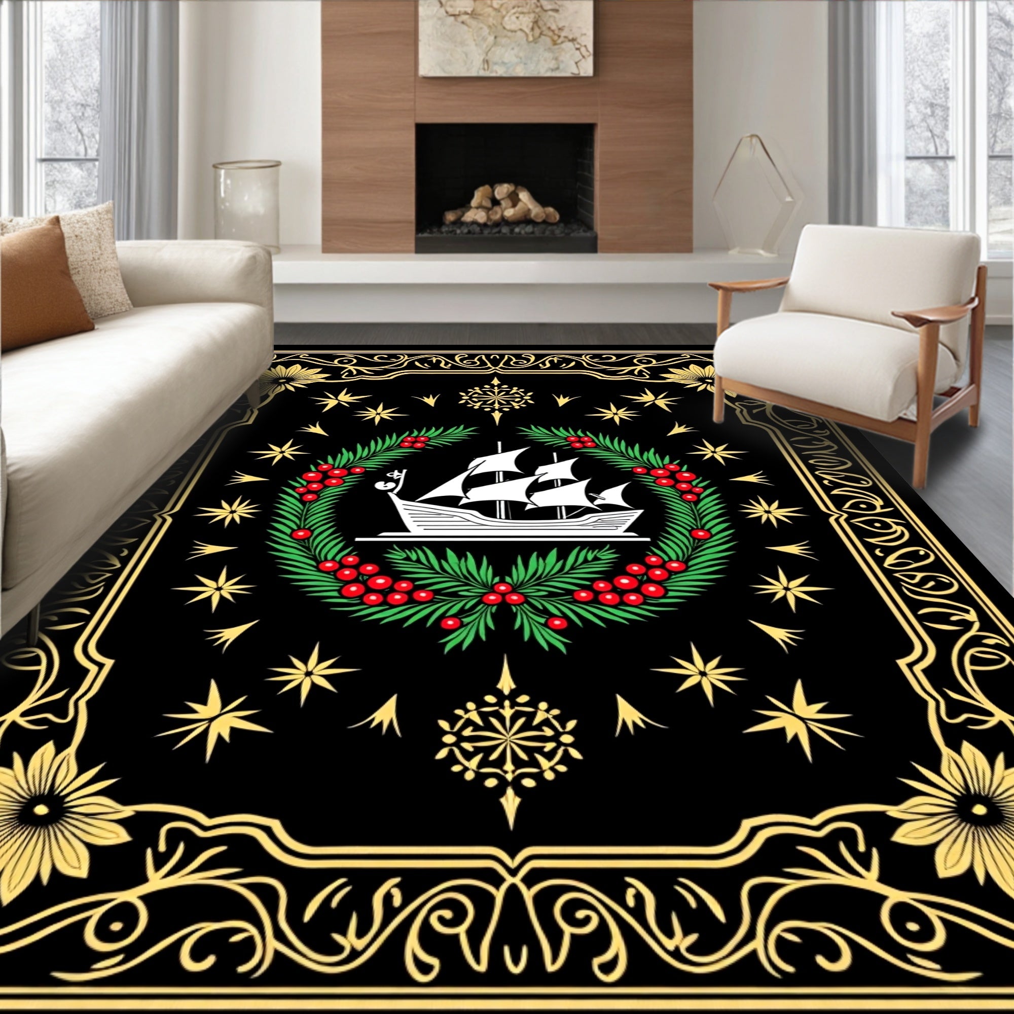 Nautical Black Gold Floral Ship Wreath Rug