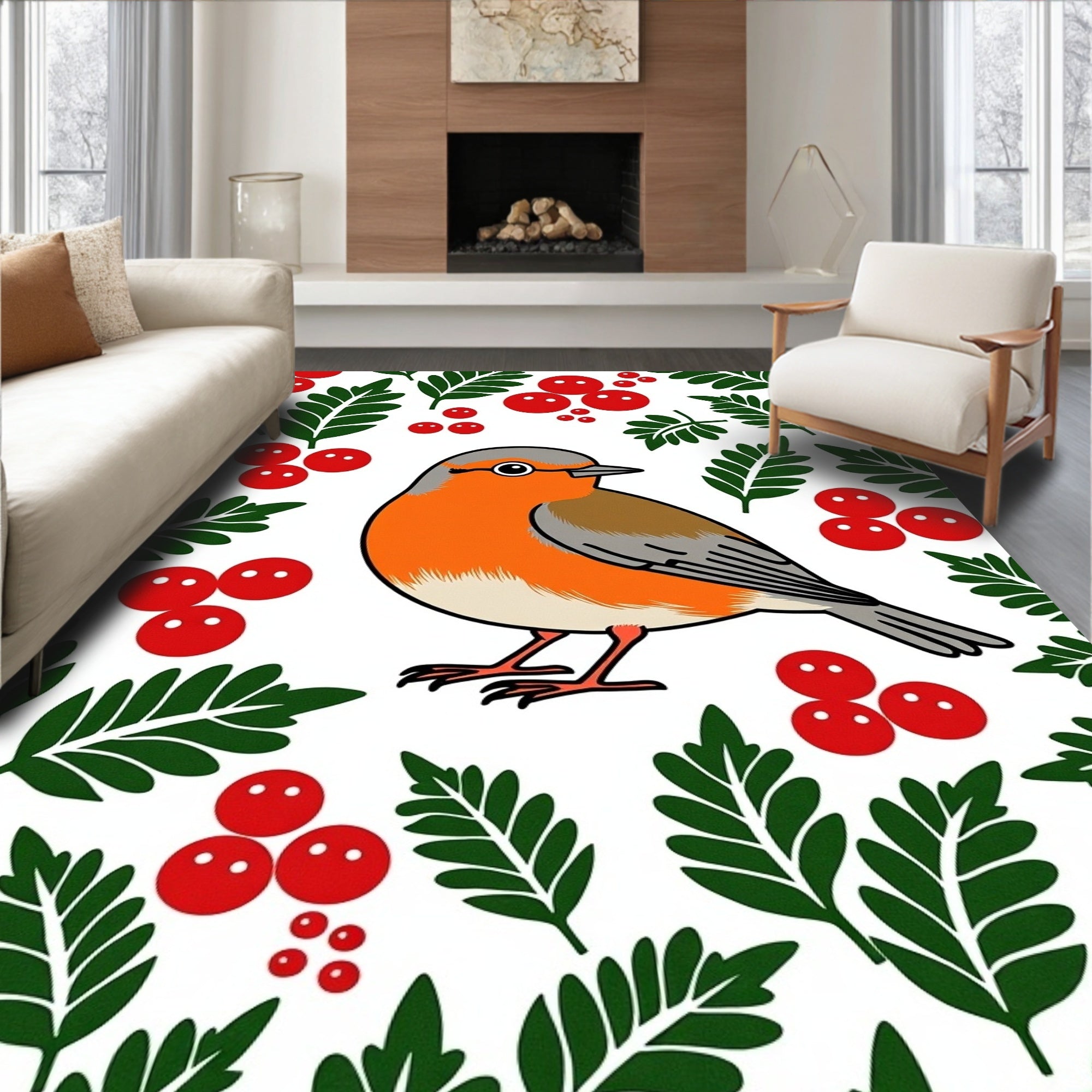 Whimsical Robin And Holly Berries Rug