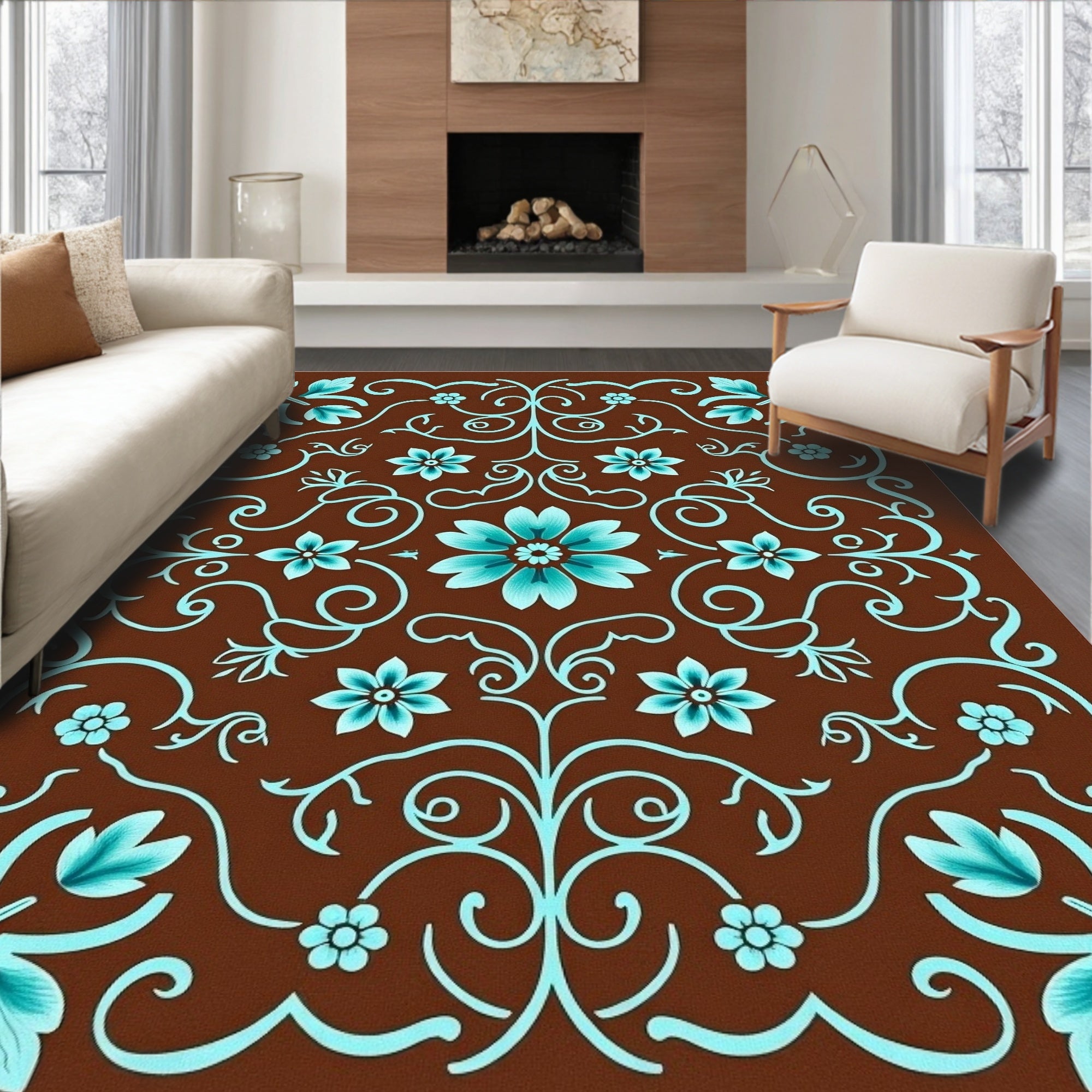 Aqua Teal Floral Scroll Brown Area Rug