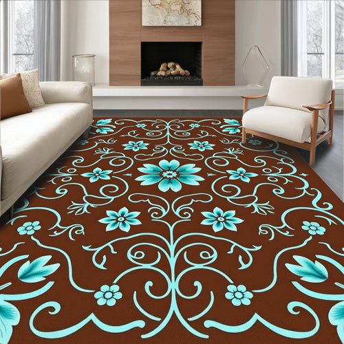 Aqua Teal Floral Scroll Brown Area Rug