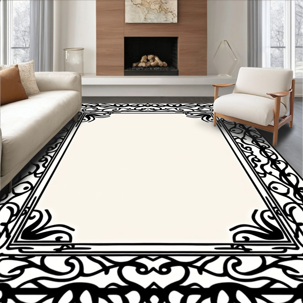 Ornate Black Scrollwork Border Rug