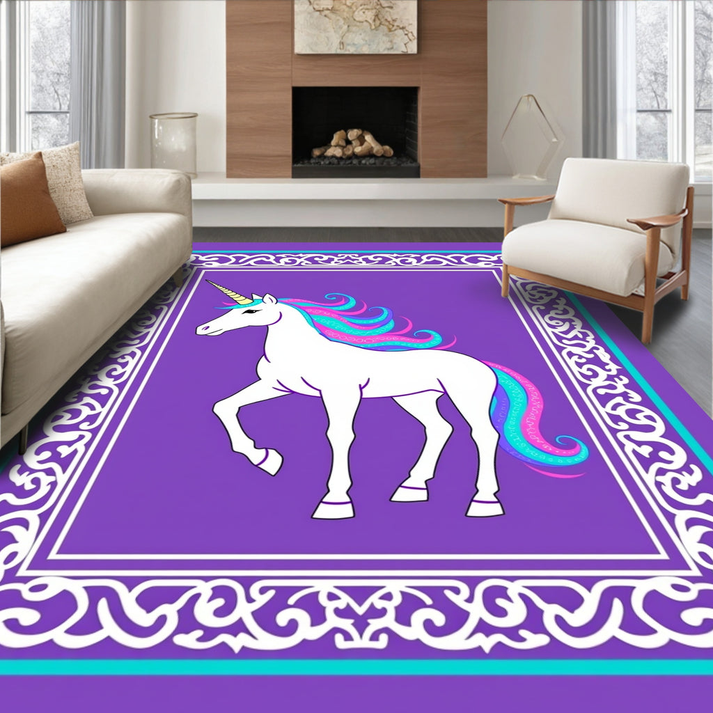 Whimsical Unicorn Rainbow Mane Filigree Border Rug