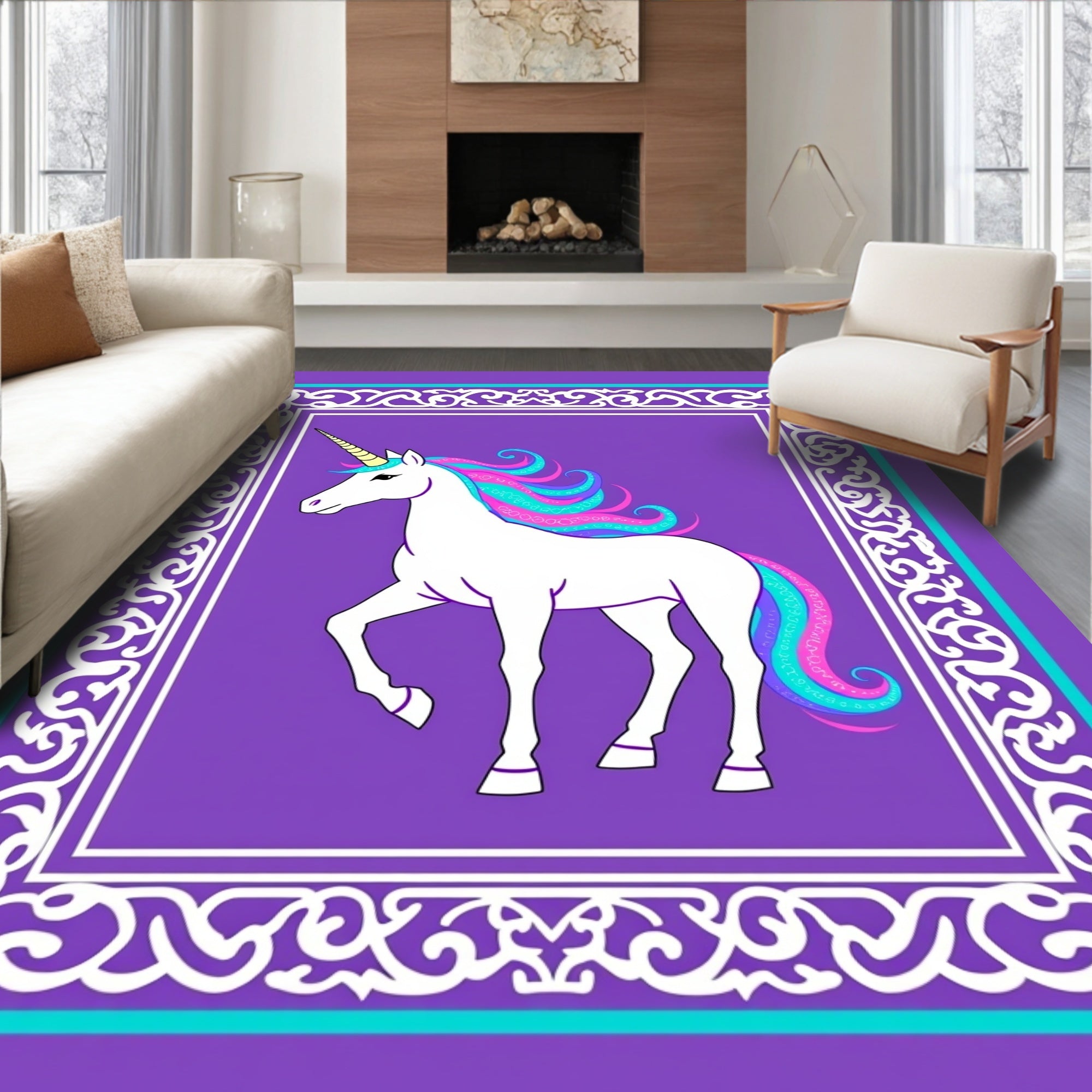 Whimsical Unicorn Rainbow Mane Filigree Border Rug