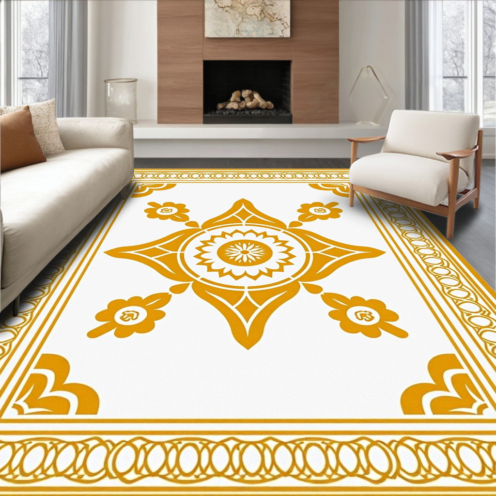 Golden Ochre Medallion Floral Border Rug