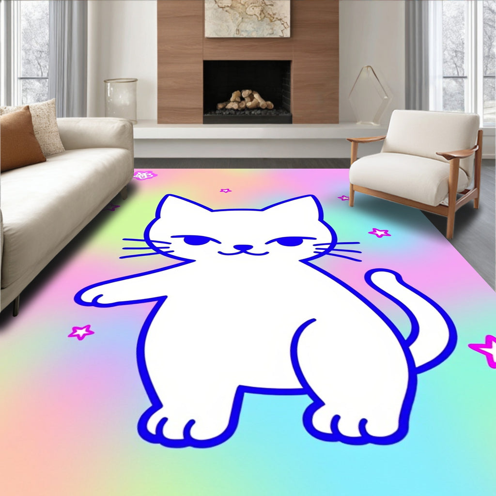 Cute White Cat With Star Accents Rug