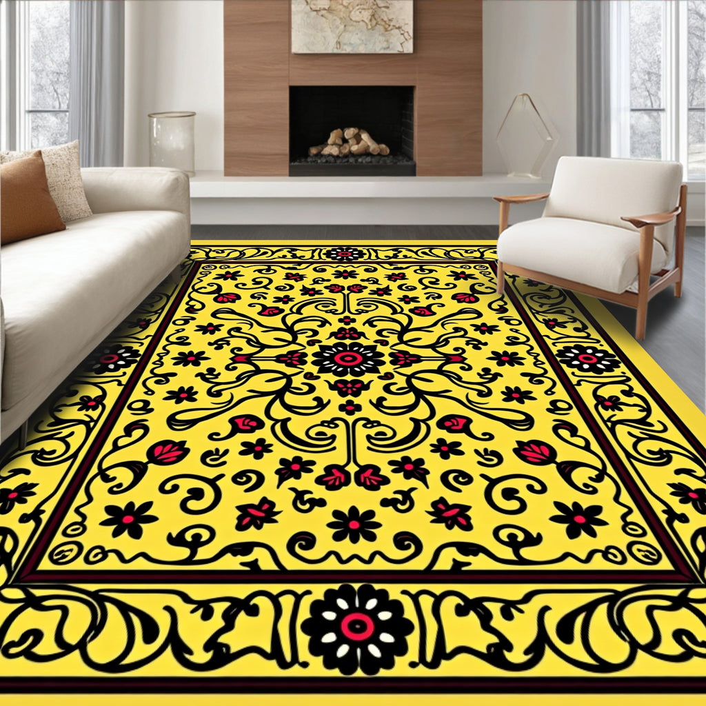 Bright Yellow Red Flower Scroll Rug