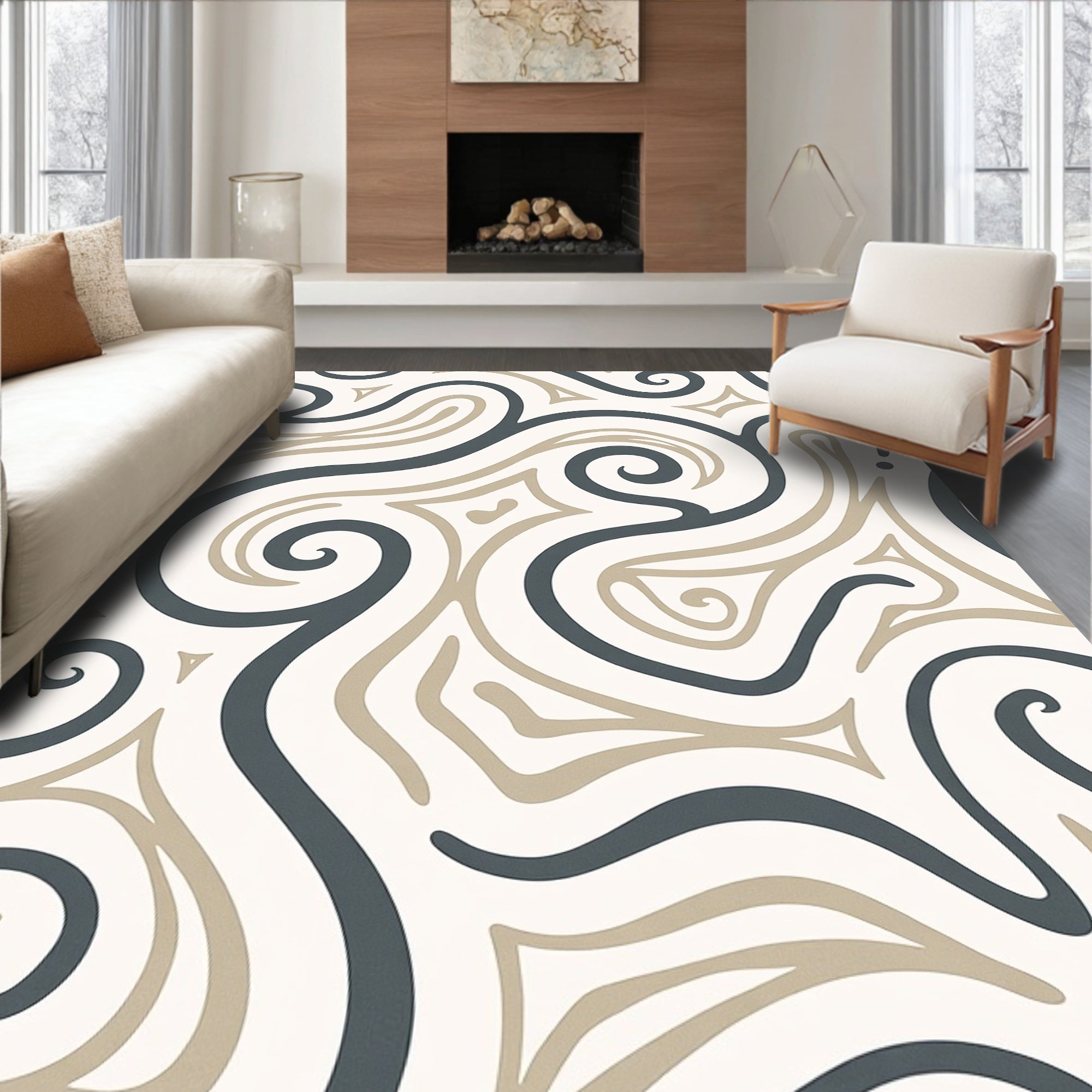 Dark Gray Beige Swirl Abstract Rug