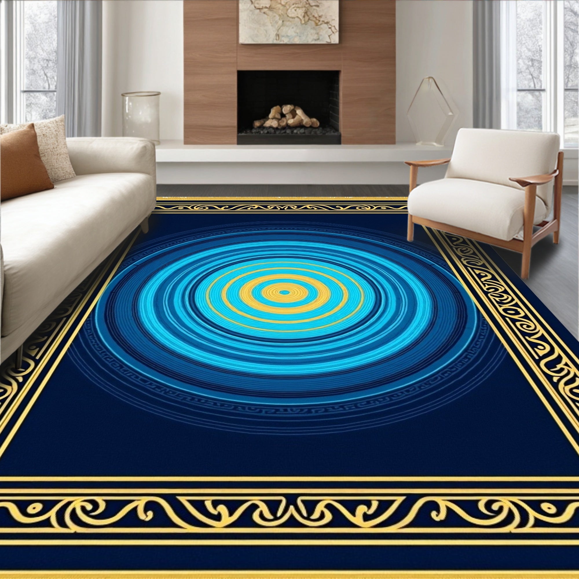 Deep Blue Yellow Concentric Circle Rug
