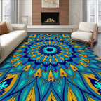 Vibrant Teal Yellow Feather Mandala Rug