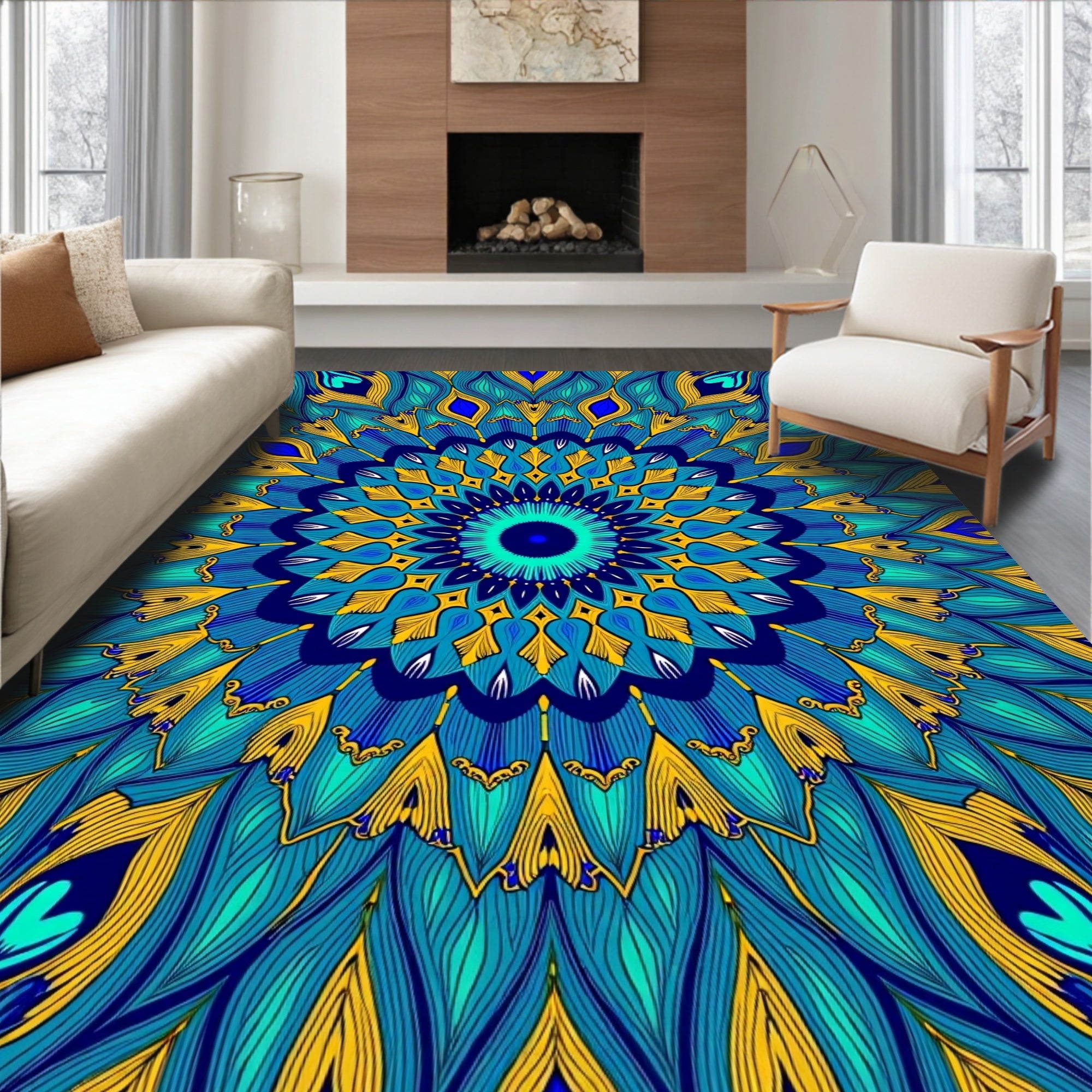 Vibrant Teal Yellow Feather Mandala Rug