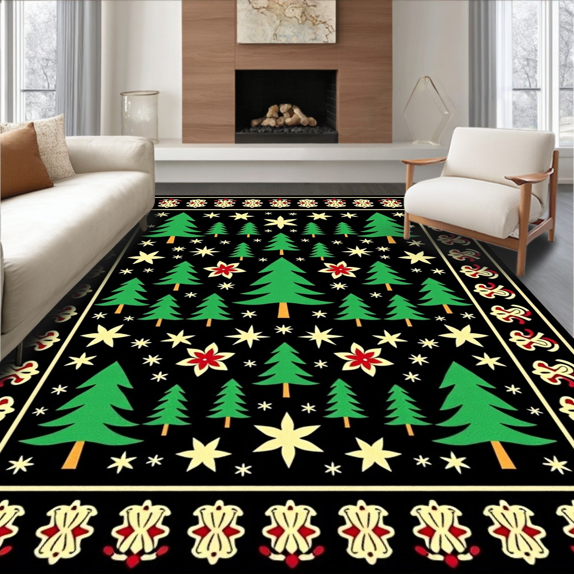 Green Evergreen Forest Starry Night Rug