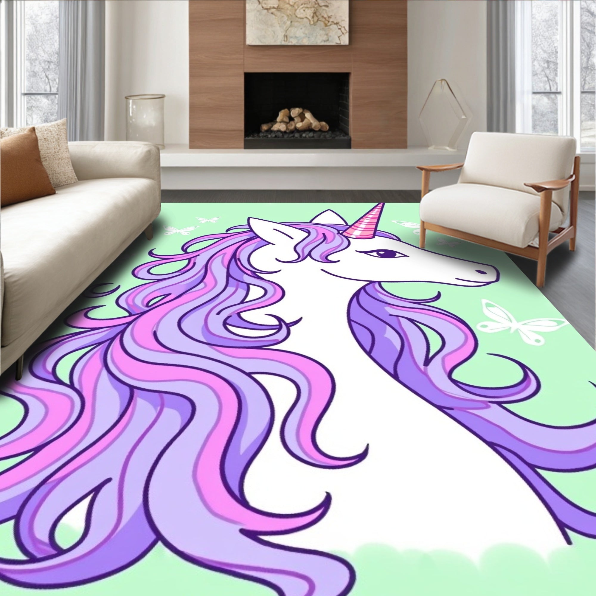 Whimsical Lavender Butterfly Unicorn Rug