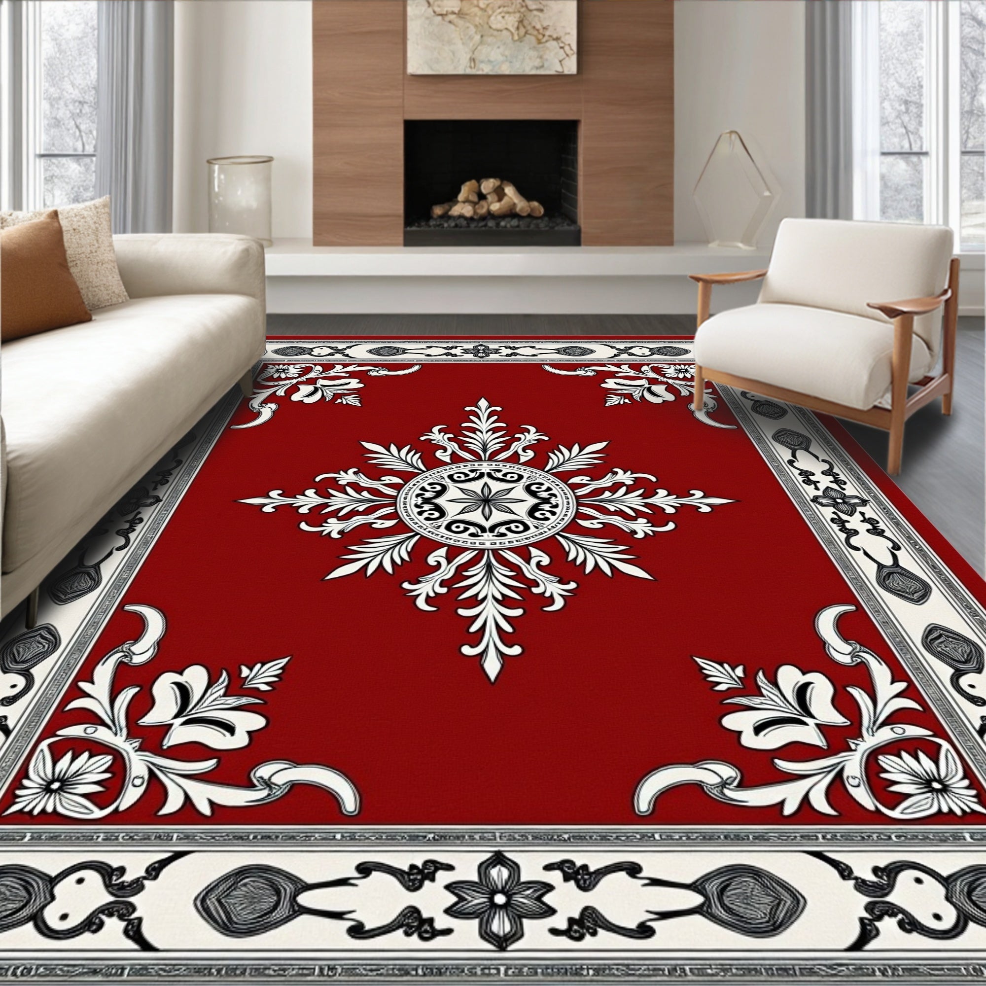 Ornate Scarlet Botanical Star Burst Rug