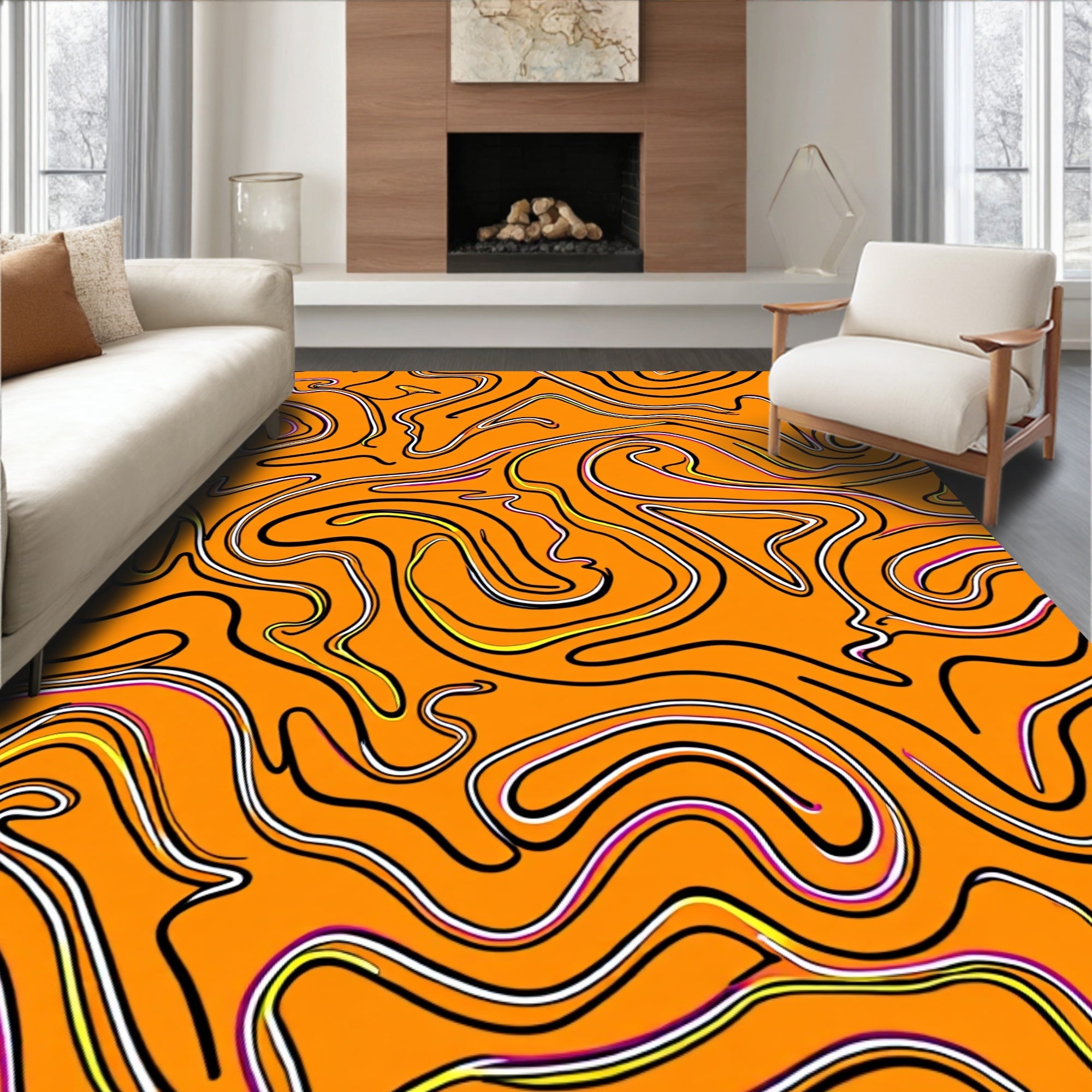 Orange Abstract Swirls with Black Outline Rug