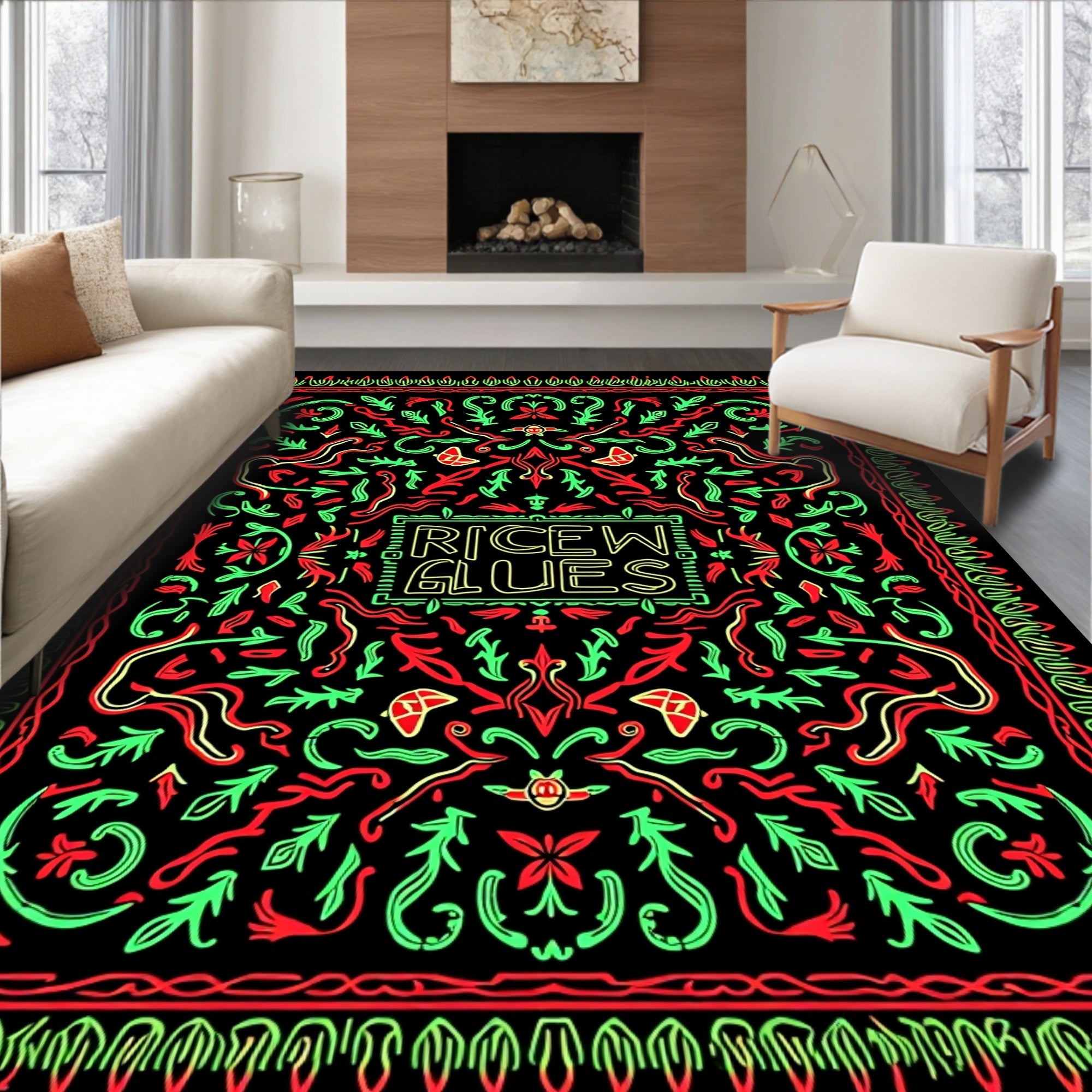 Bold Red Green Abstract Botanical Outline Rug