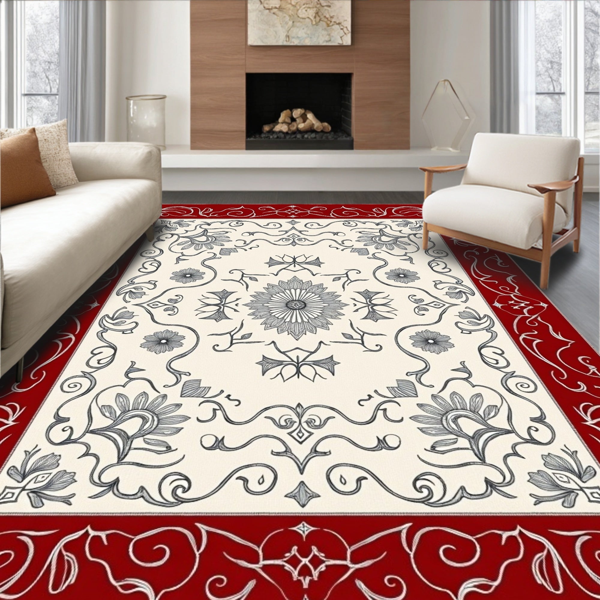 Crimson White Floral Scroll Medallion Rug