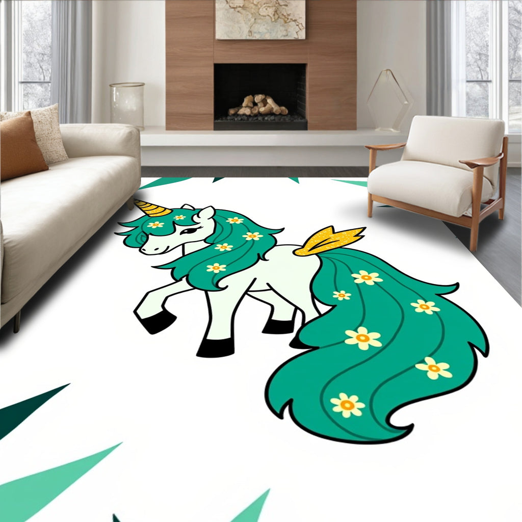 Whimsical Teal Unicorn Floral Garden Rug