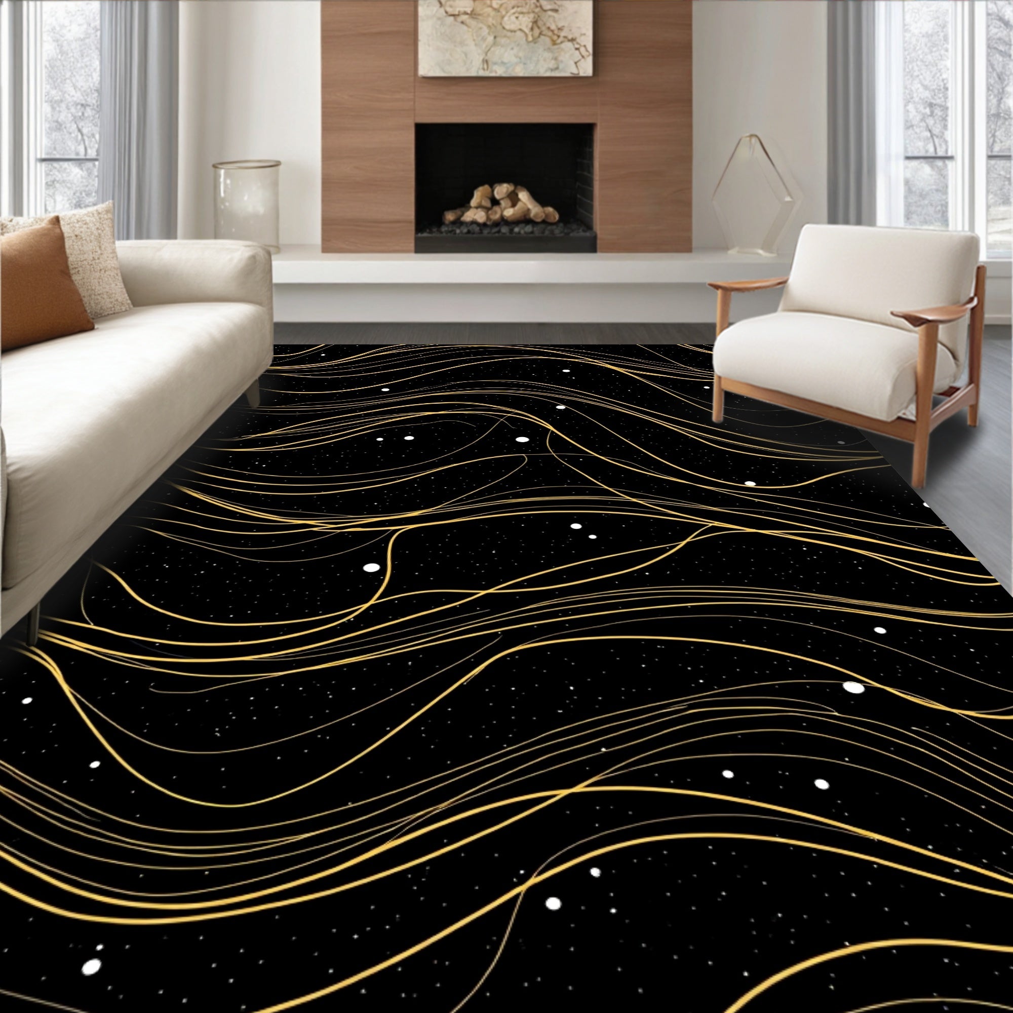 Golden Swirls on Starry Night Sky Rug