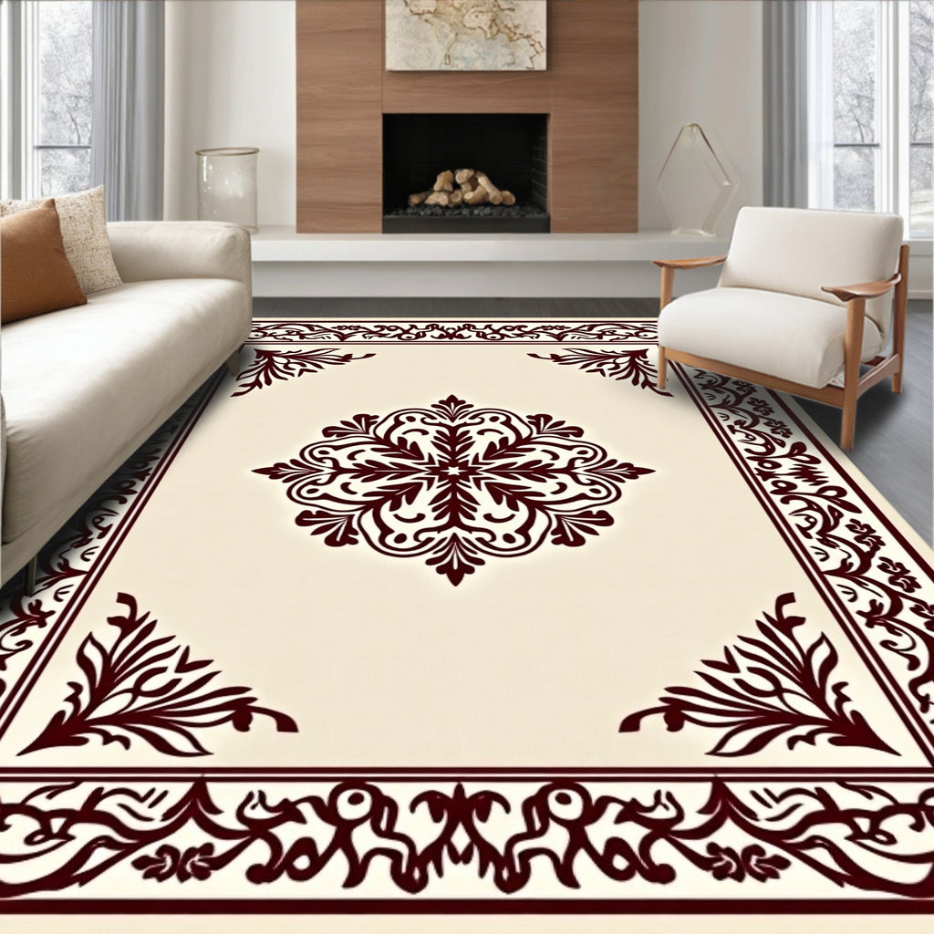 Crimson Medallion Bordered Cream Rug