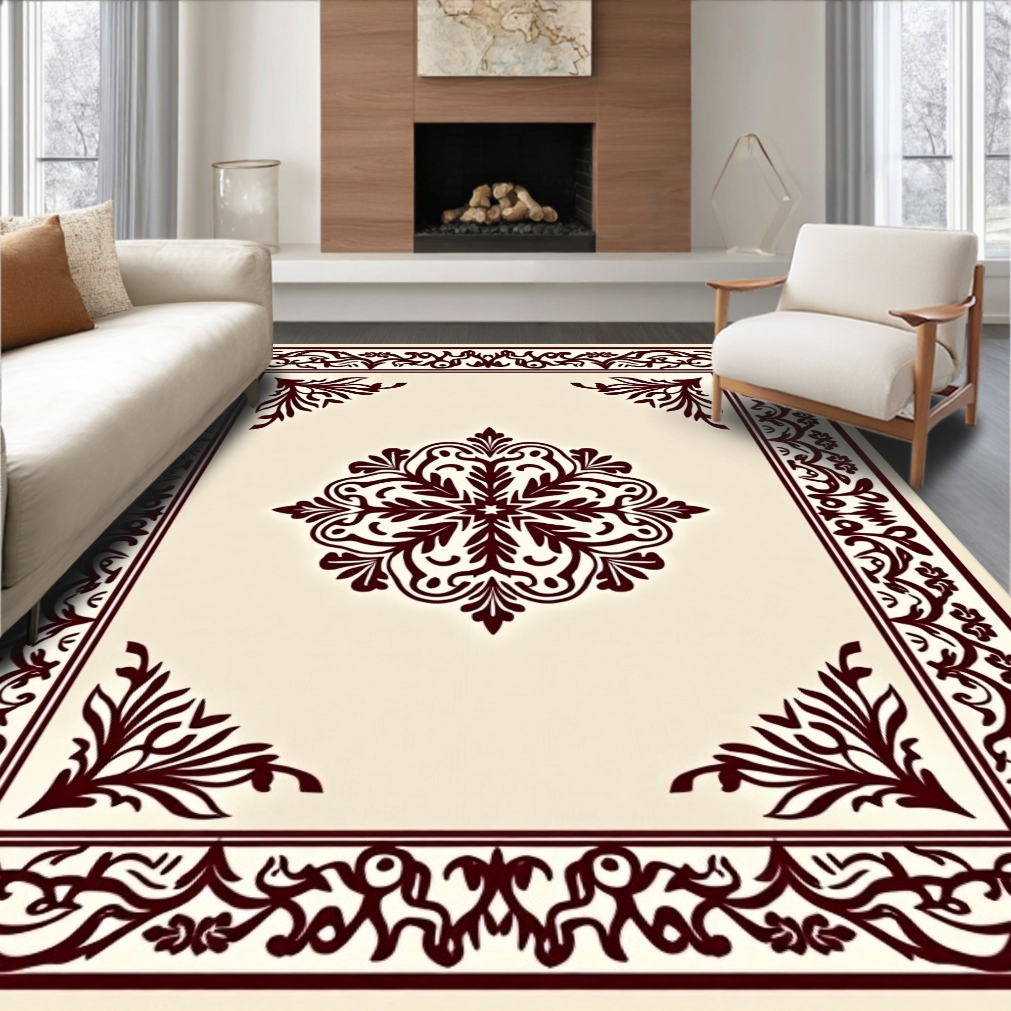 Crimson Medallion Bordered Cream Rug